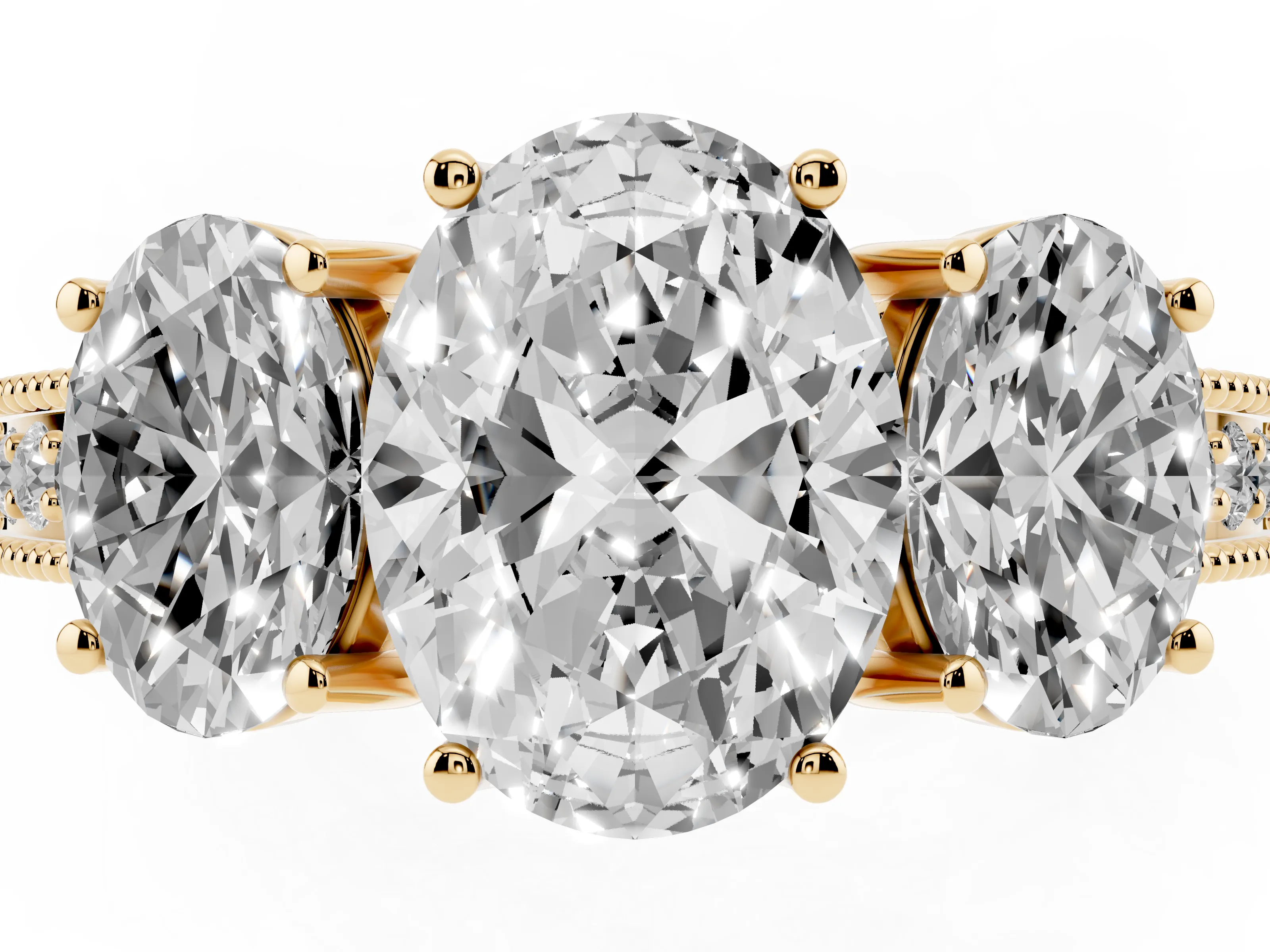 Oval Cut Diamond Three-Stone Engagement Ring Set in Yellow gold with Milgrain Pavé Band