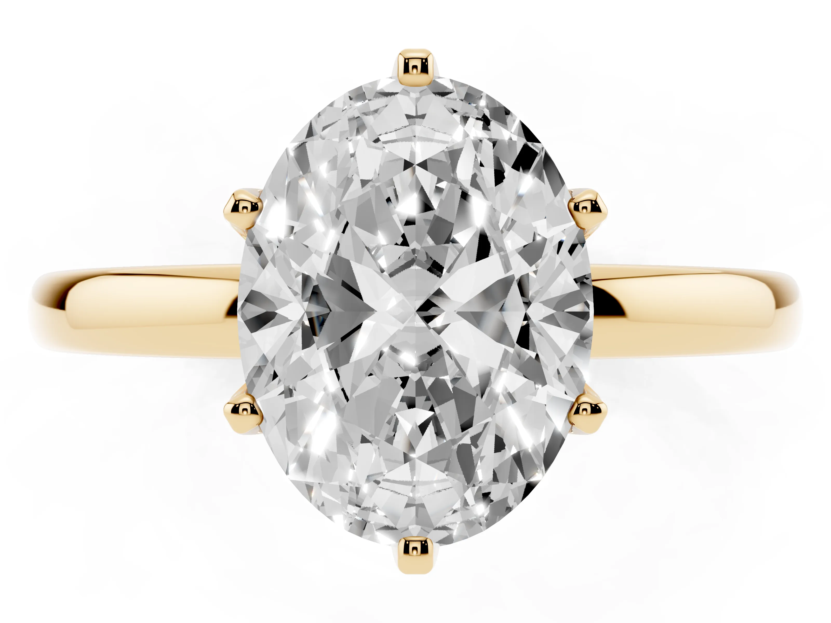 Oval Cut Diamond Solitaire Ring Set in Yellow gold with Raised Prong Setting on a Classic Band