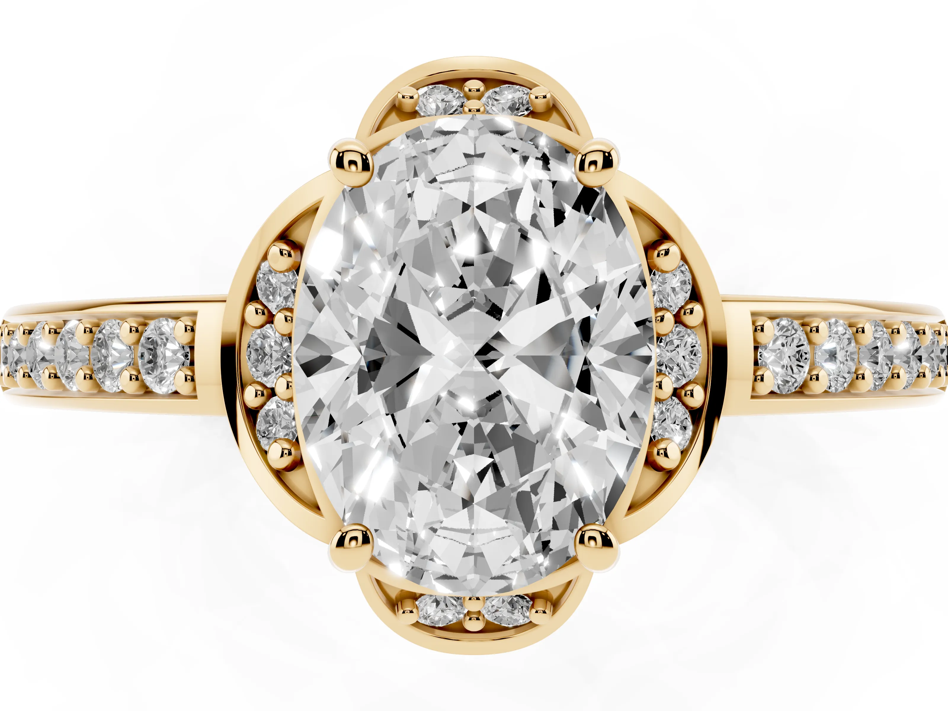 Oval Cut Diamond Halo Ring Set in Yellow gold with Channel Set Band and Prong Setting