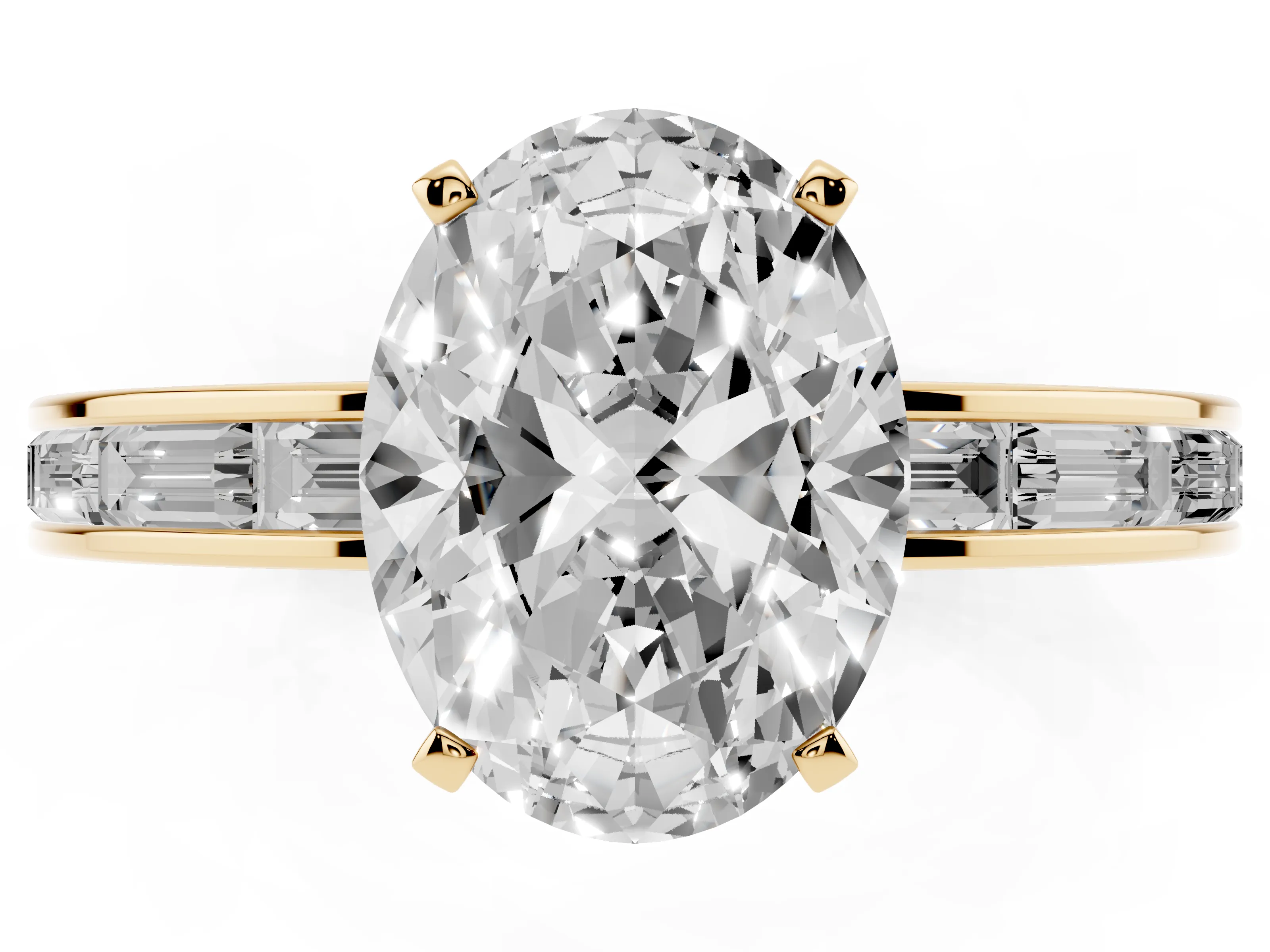 Oval Cut Diamond Solitaire Ring Set in Yellow gold with Channel-Set Baguette Band and Prong Setting