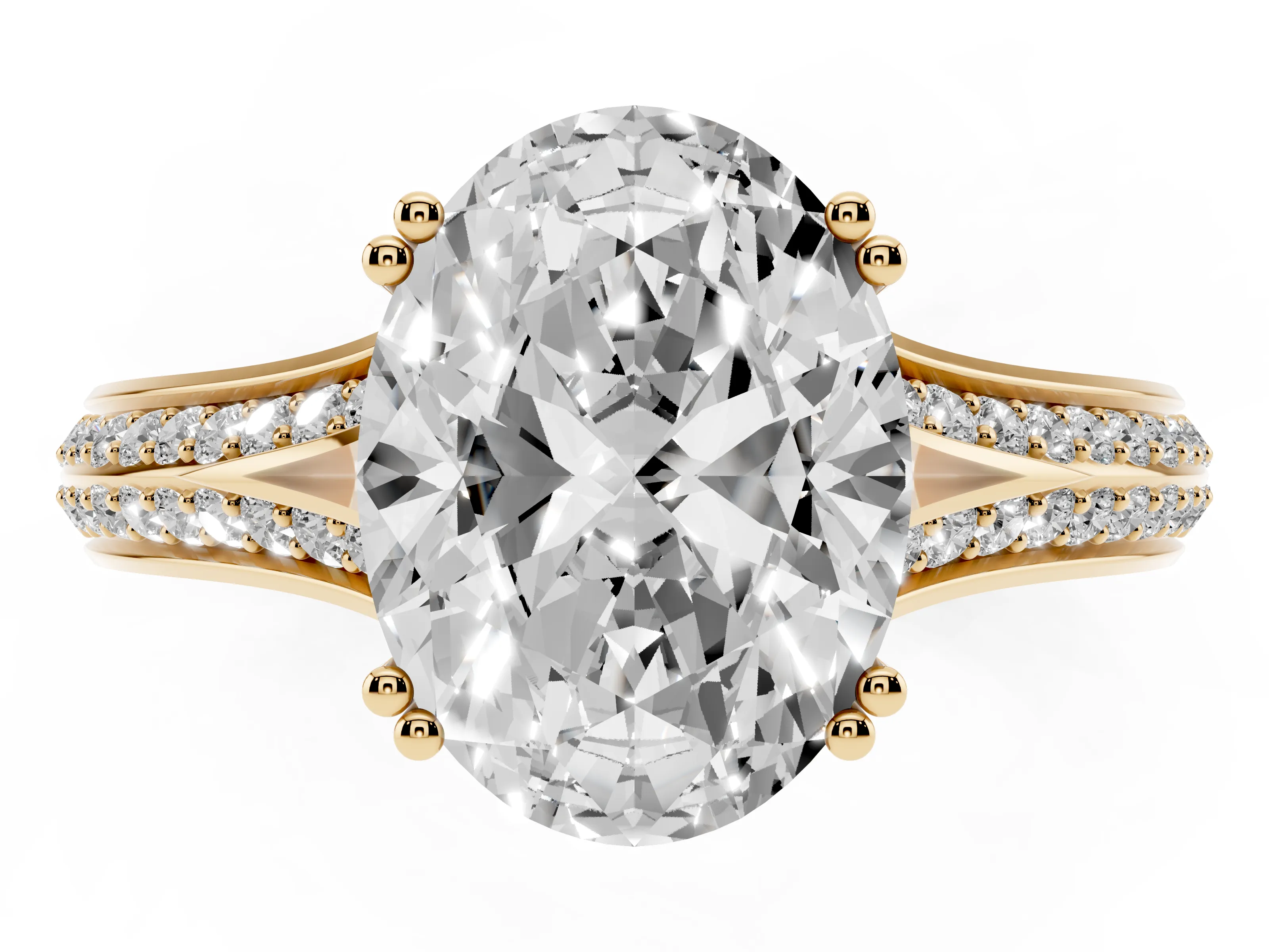 Oval Cut Diamond Split Shank Pavé Engagement Ring Set in Yellow gold with Prong-Set Center Stone
