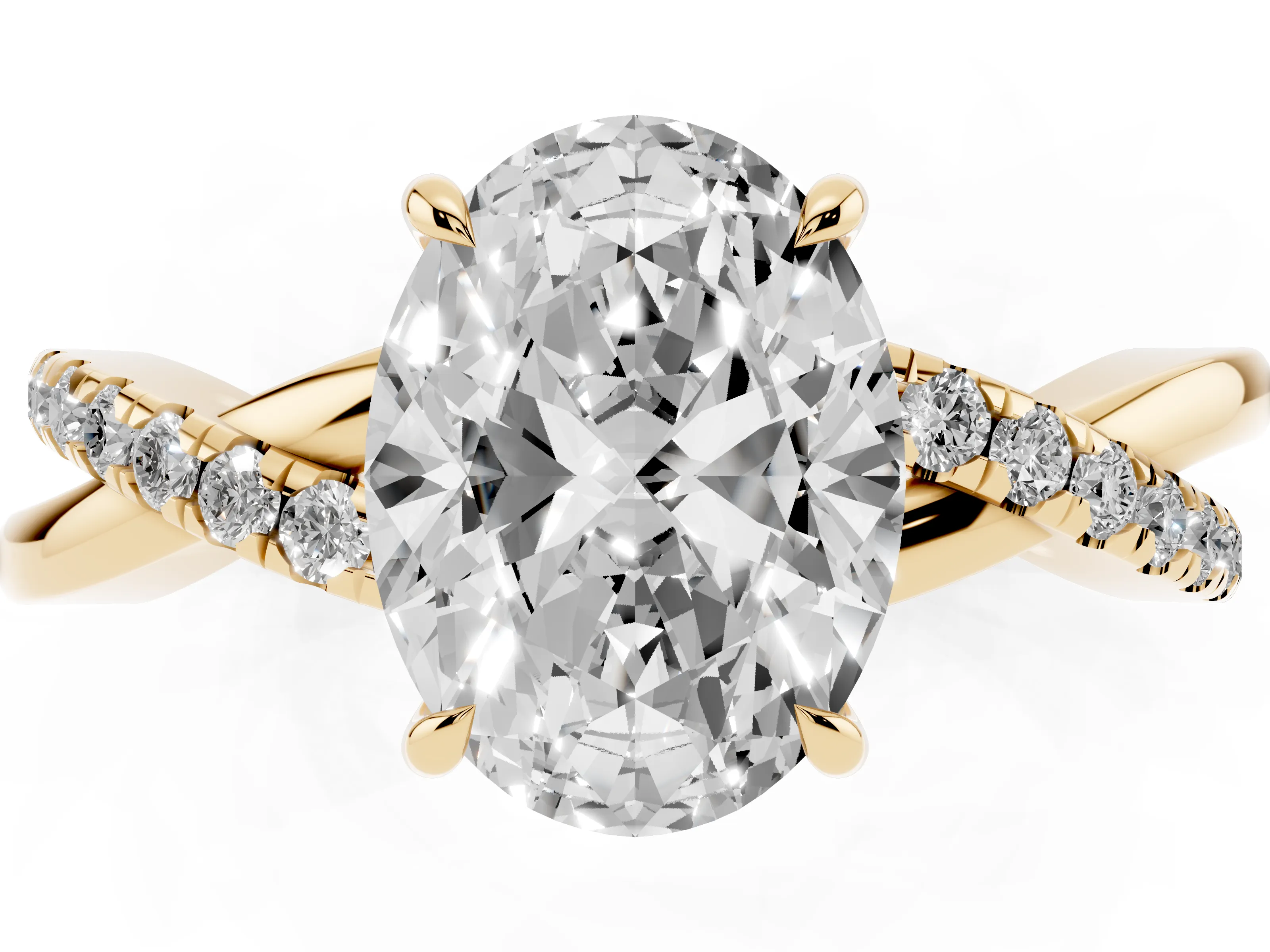 Oval Cut Diamond Twisted Pavé Band Ring Set in Yellow gold with Prong Setting