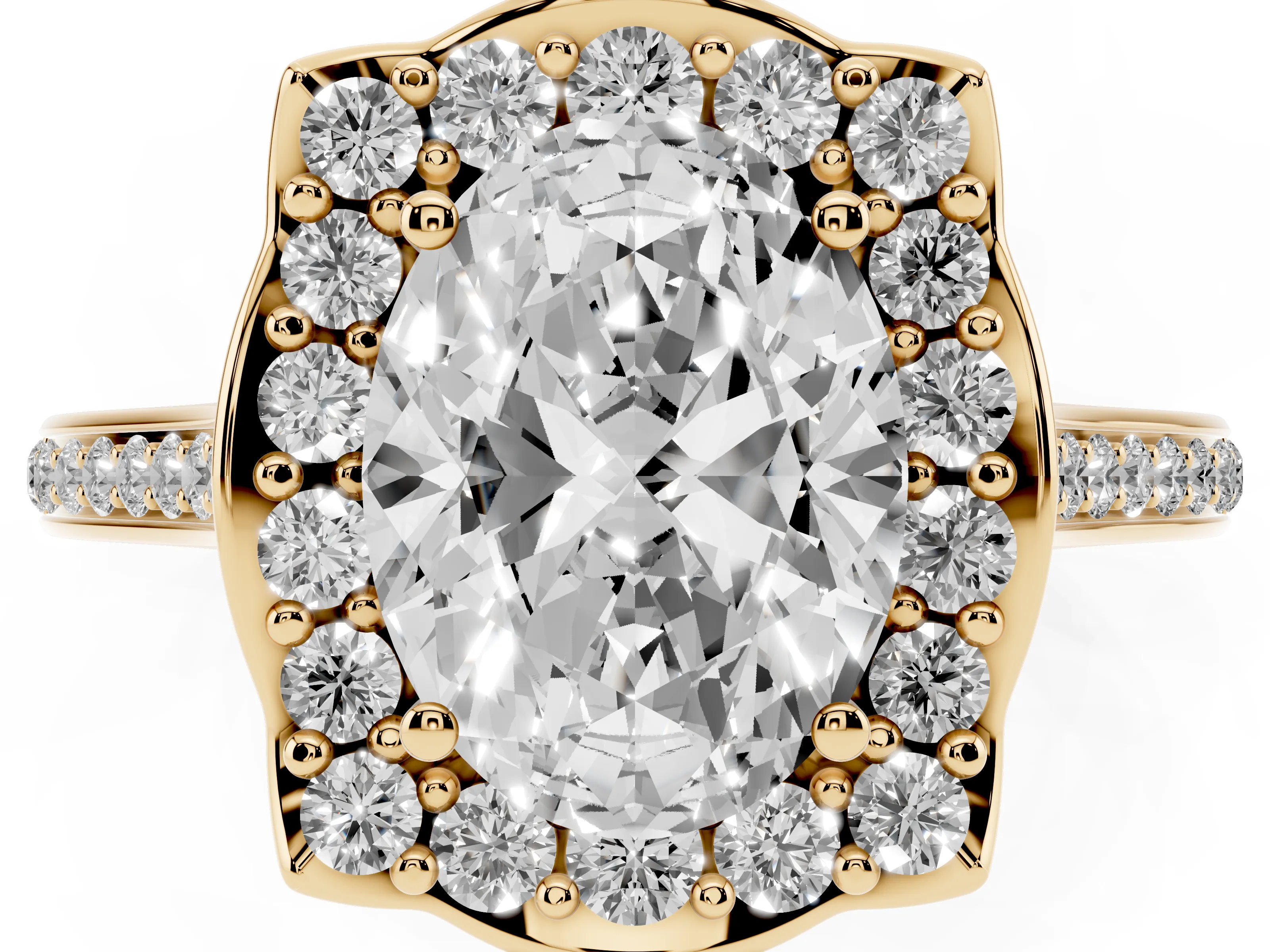 Oval Cut Diamond Halo Ring Set in Yellow gold with Pavé-Lined Shoulders and Prong Setting