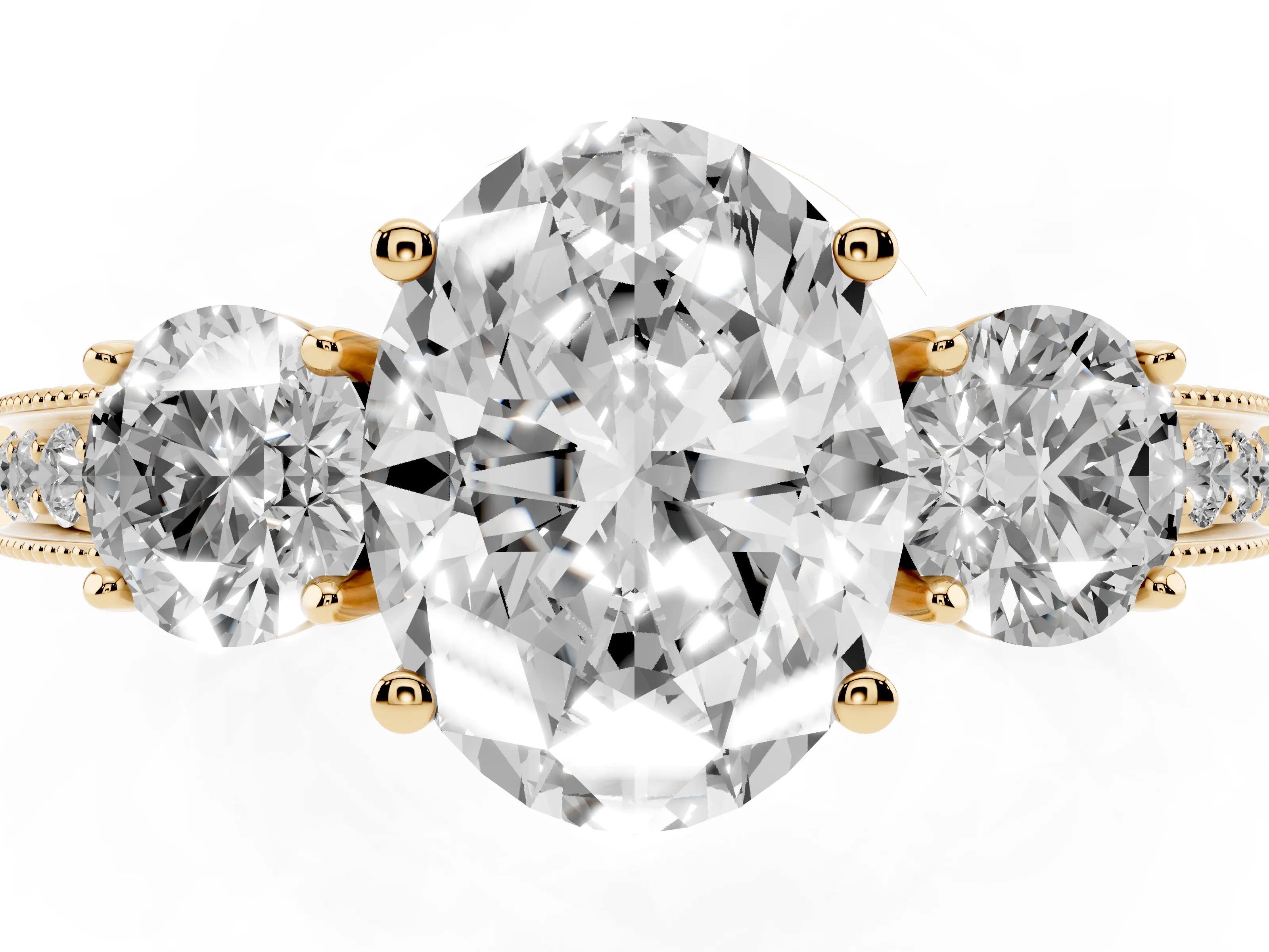 Oval Cut Diamond Three-Stone Ring Set in Yellow gold with Round Side Stones and Pavé Band