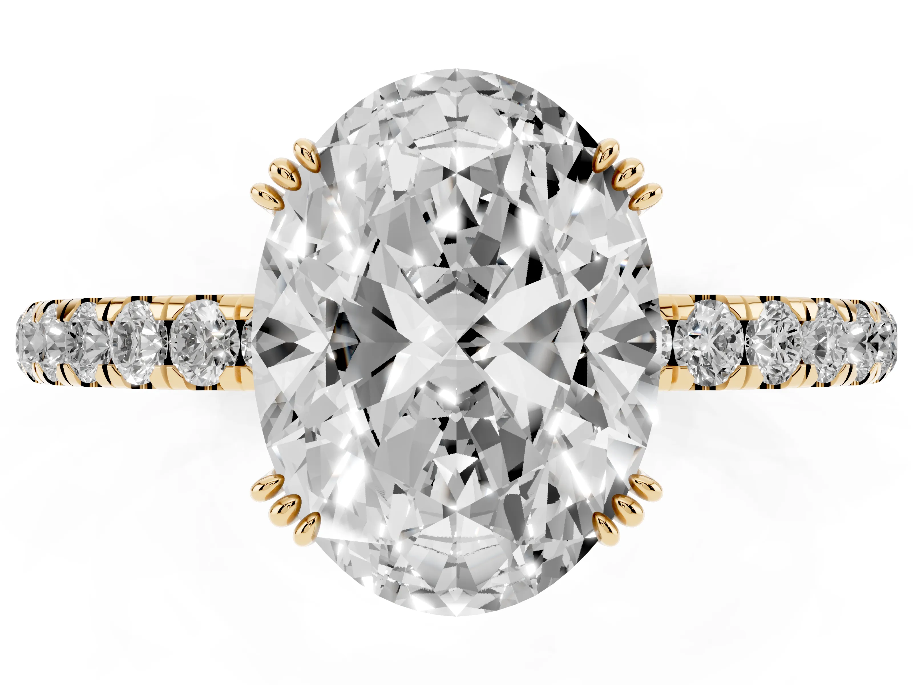 Oval Cut Diamond Brilliant Solitaire Set in Yellow gold with Pavé Band and Claw Prong Setting