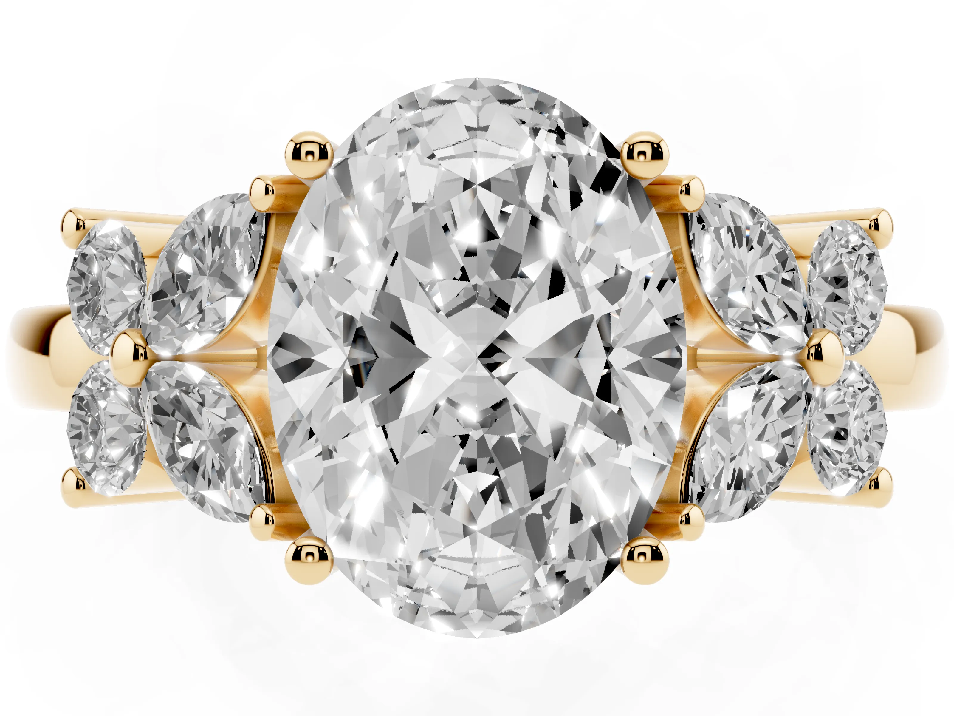 Oval Cut Diamond Floral Cluster Ring Set in Yellow gold with Marquise Petals and Prong Setting