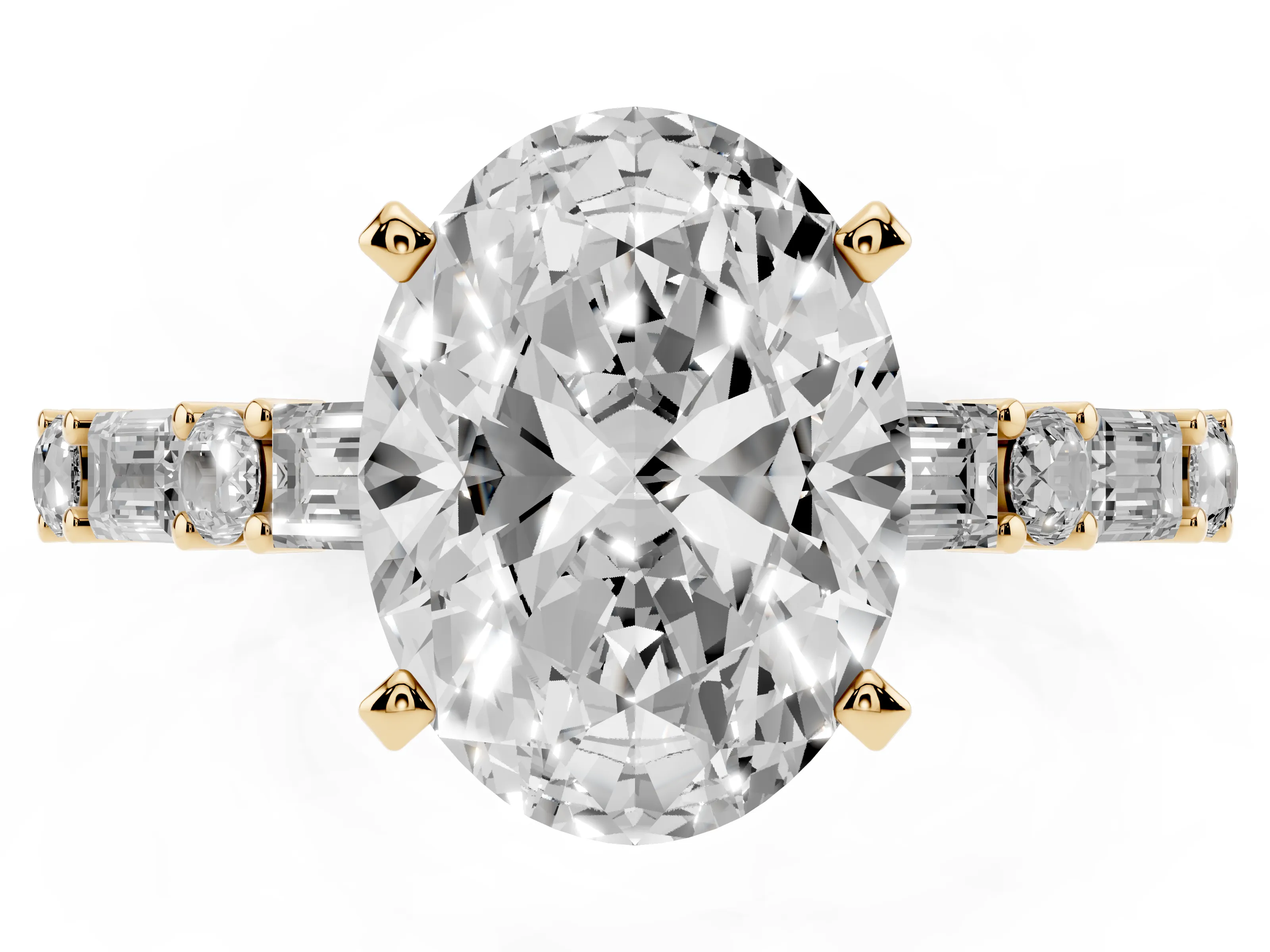 Oval Cut Diamond Solitaire Set in Yellow gold with Side Baguettes and Channel Set Band