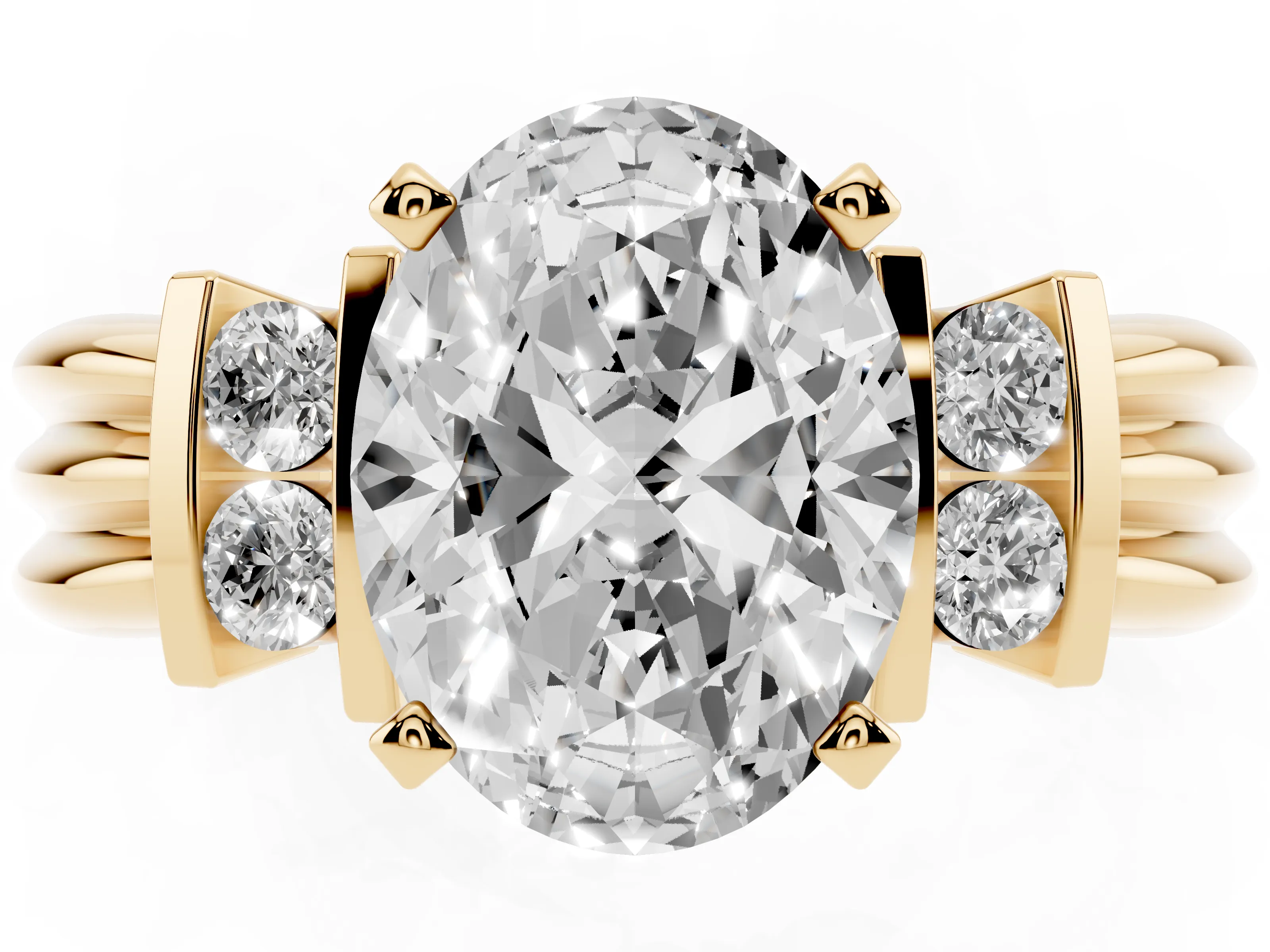 Three-Stone Oval Cut Diamond Channel Set Ring Set in Yellow gold with Bar Prongs