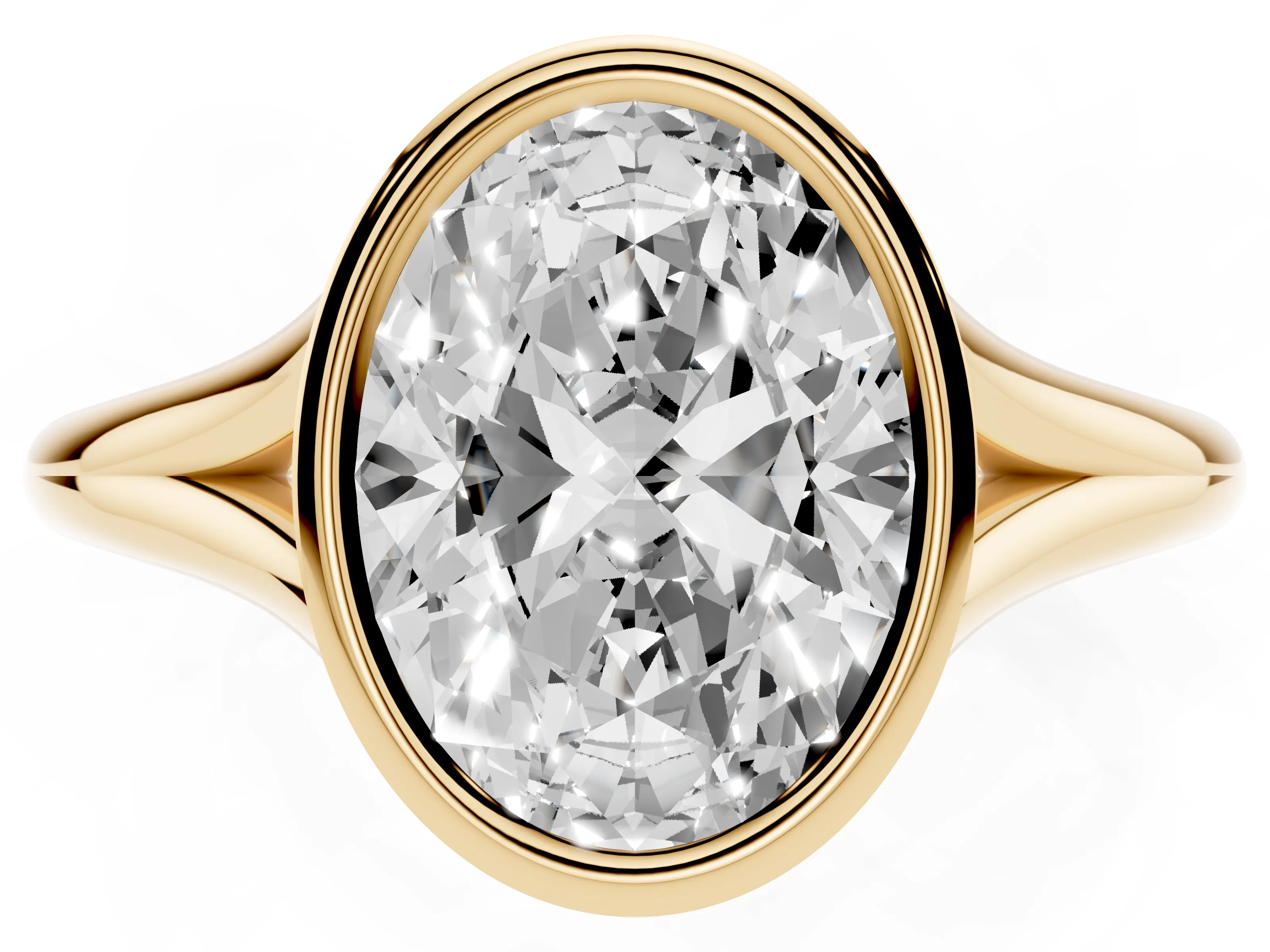 Bezel Set Oval Cut Diamond Solitaire Ring Set in Yellow gold with Tapered Band