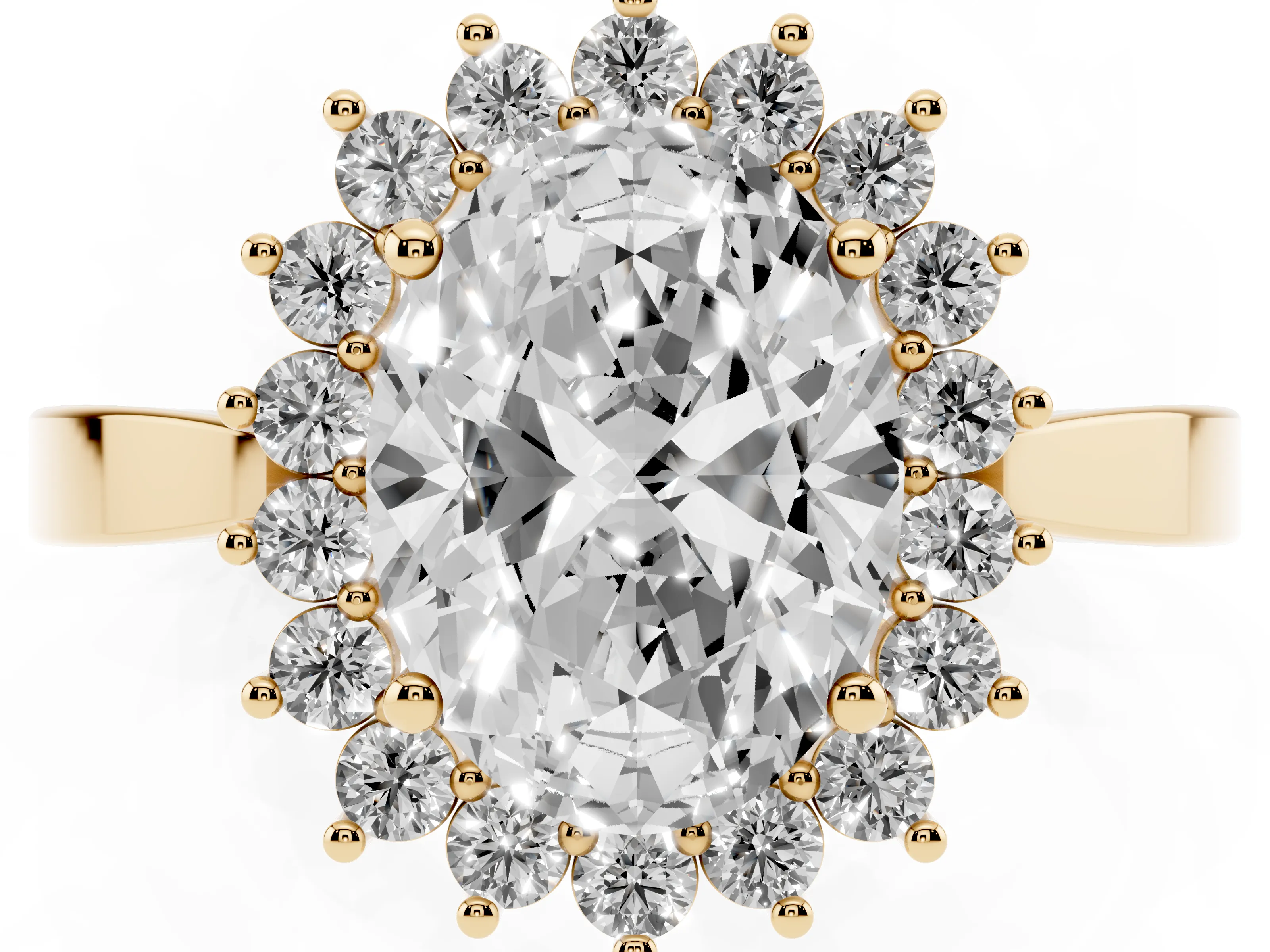 Oval Cut Diamond Halo Ring Set in Yellow gold with Round Halo and Smooth Solitaire Band