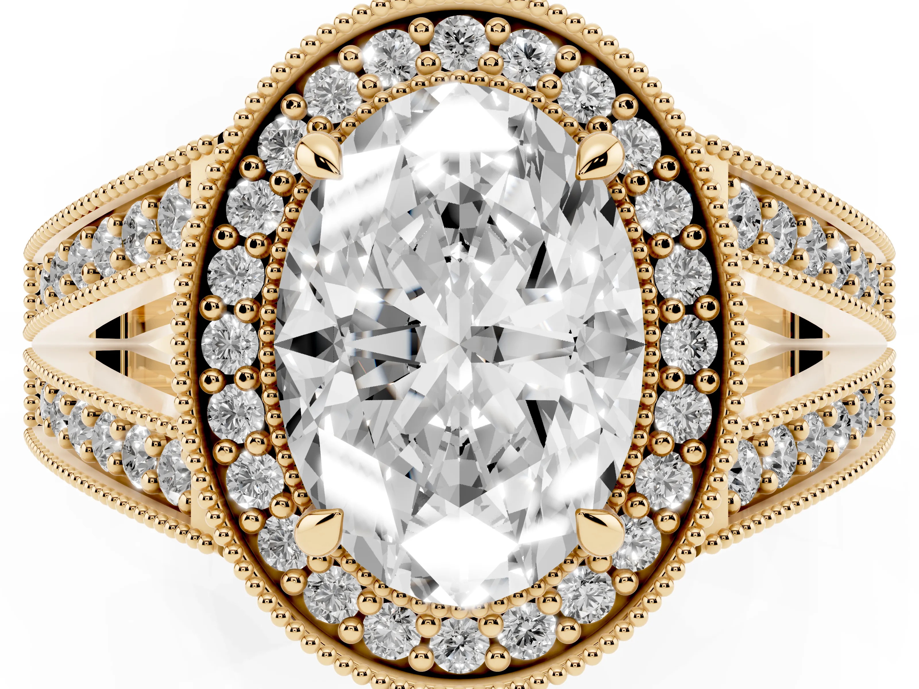 Oval Cut Diamond Halo Ring Set in Yellow gold with Stone-Set Split Shank and Milgrain Edges
