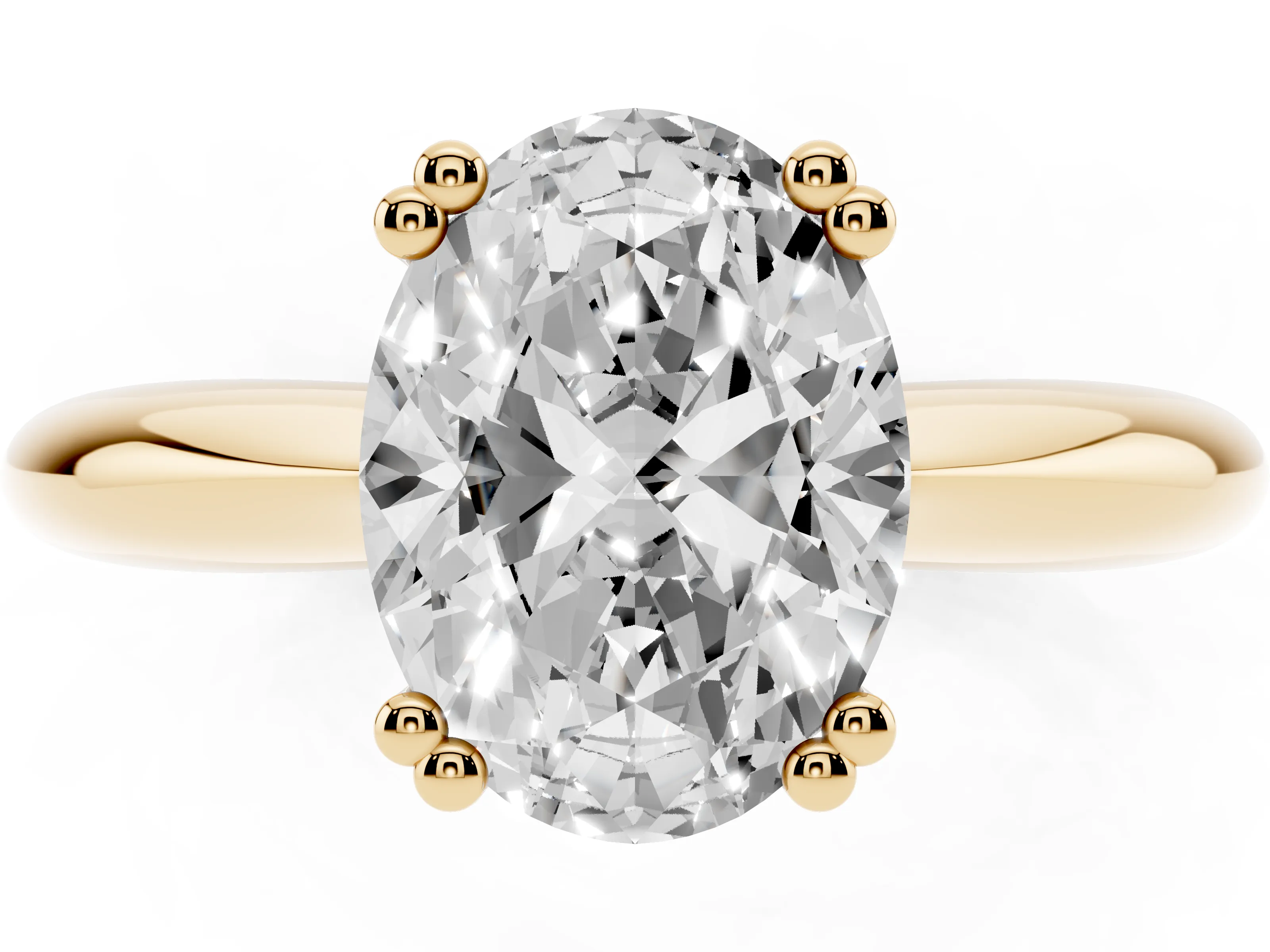 Oval Cut Diamond Solitaire Engagement Ring Set in Yellow gold with Tapered Band and Prong Setting