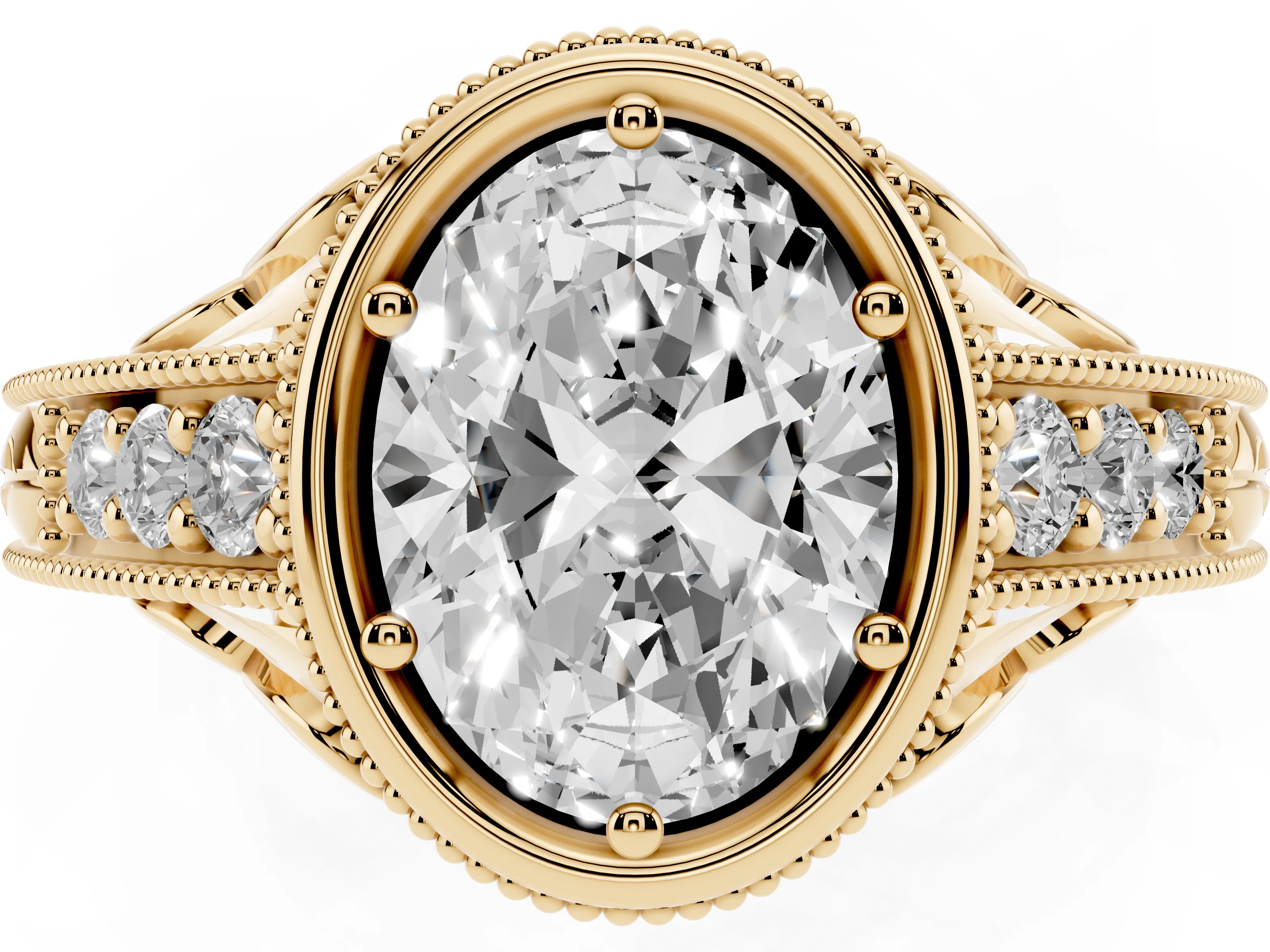Bezel Set Oval Cut Diamond Milgrain Pavé Engagement Ring Set in Yellow gold