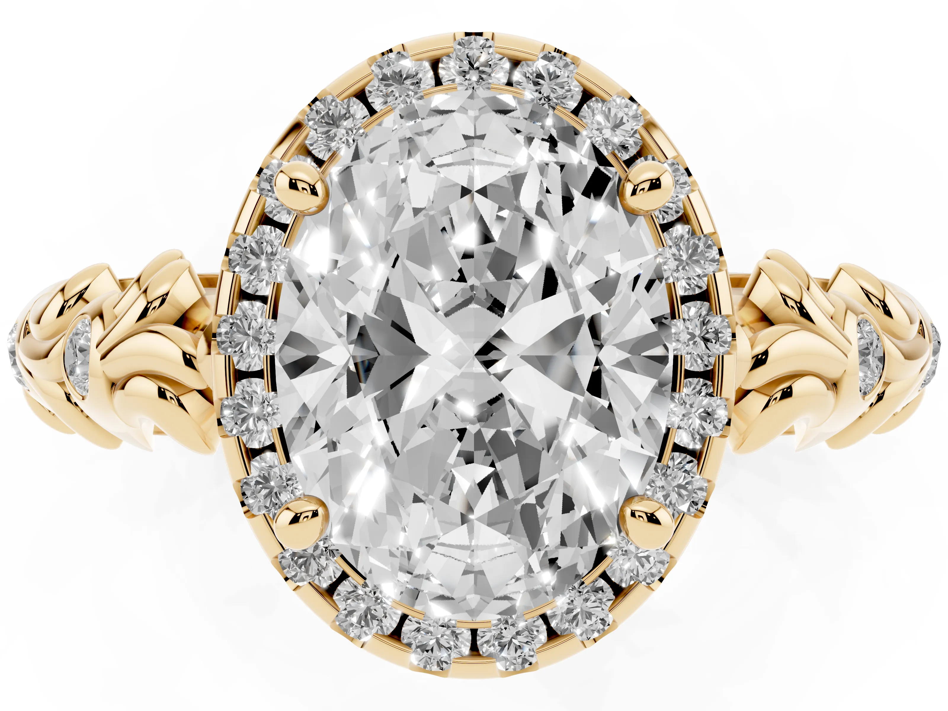 Oval Cut Diamond Halo Ring Set in Yellow gold with Filigree Leaf Band and Prong Setting