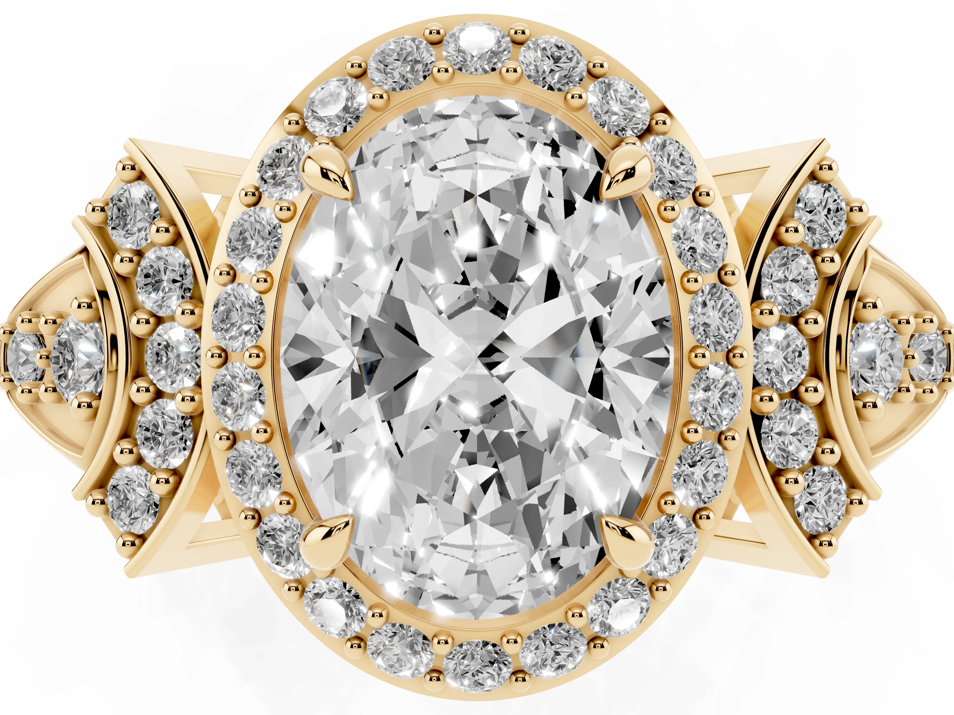 Oval Cut Diamond Halo Engagement Ring Set in Yellow gold with Accent Stone Split Shank