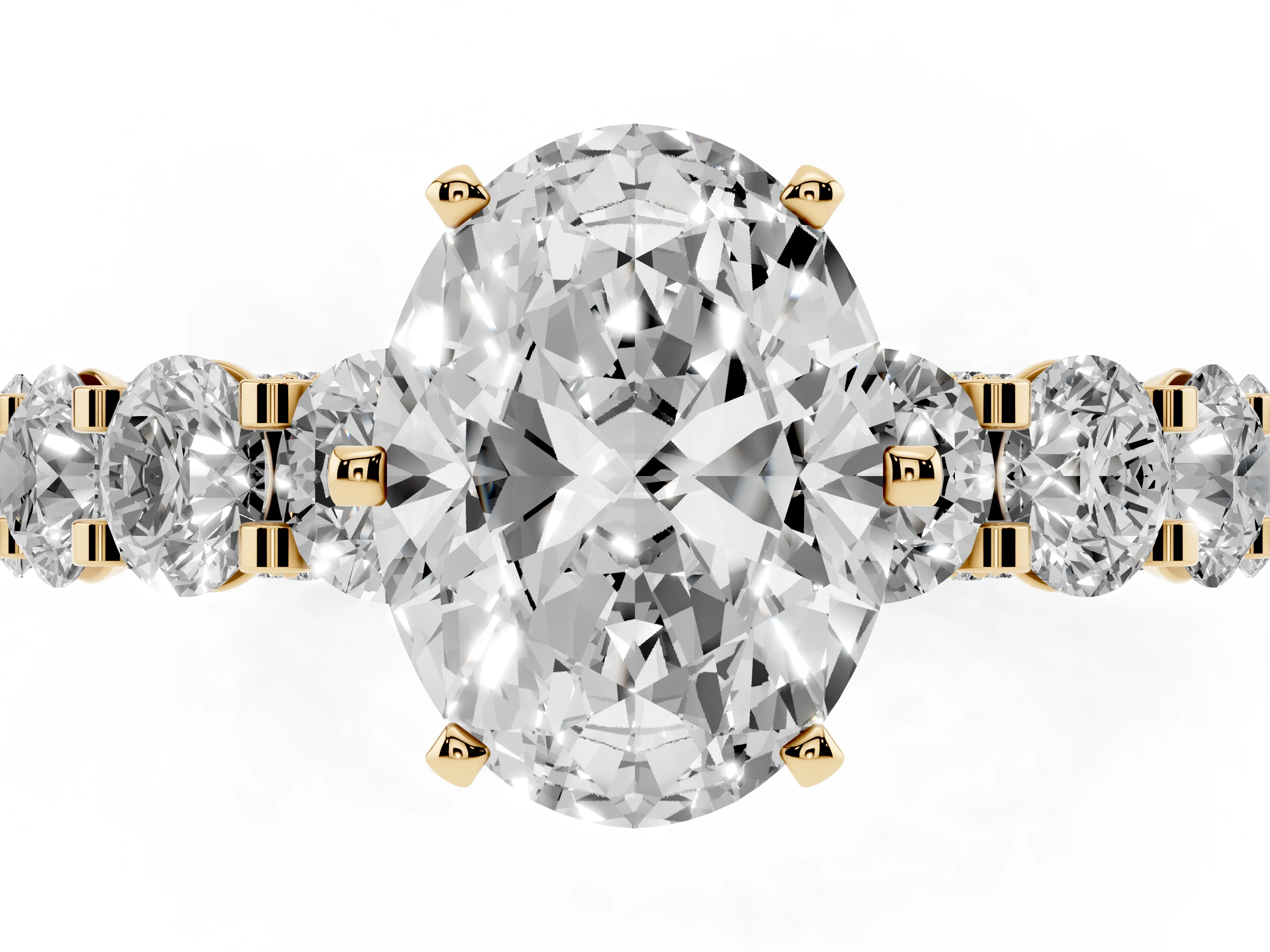 Oval Cut Diamond Side Stone Ring Set in Yellow gold with Alternating Round and Oval Side Stones