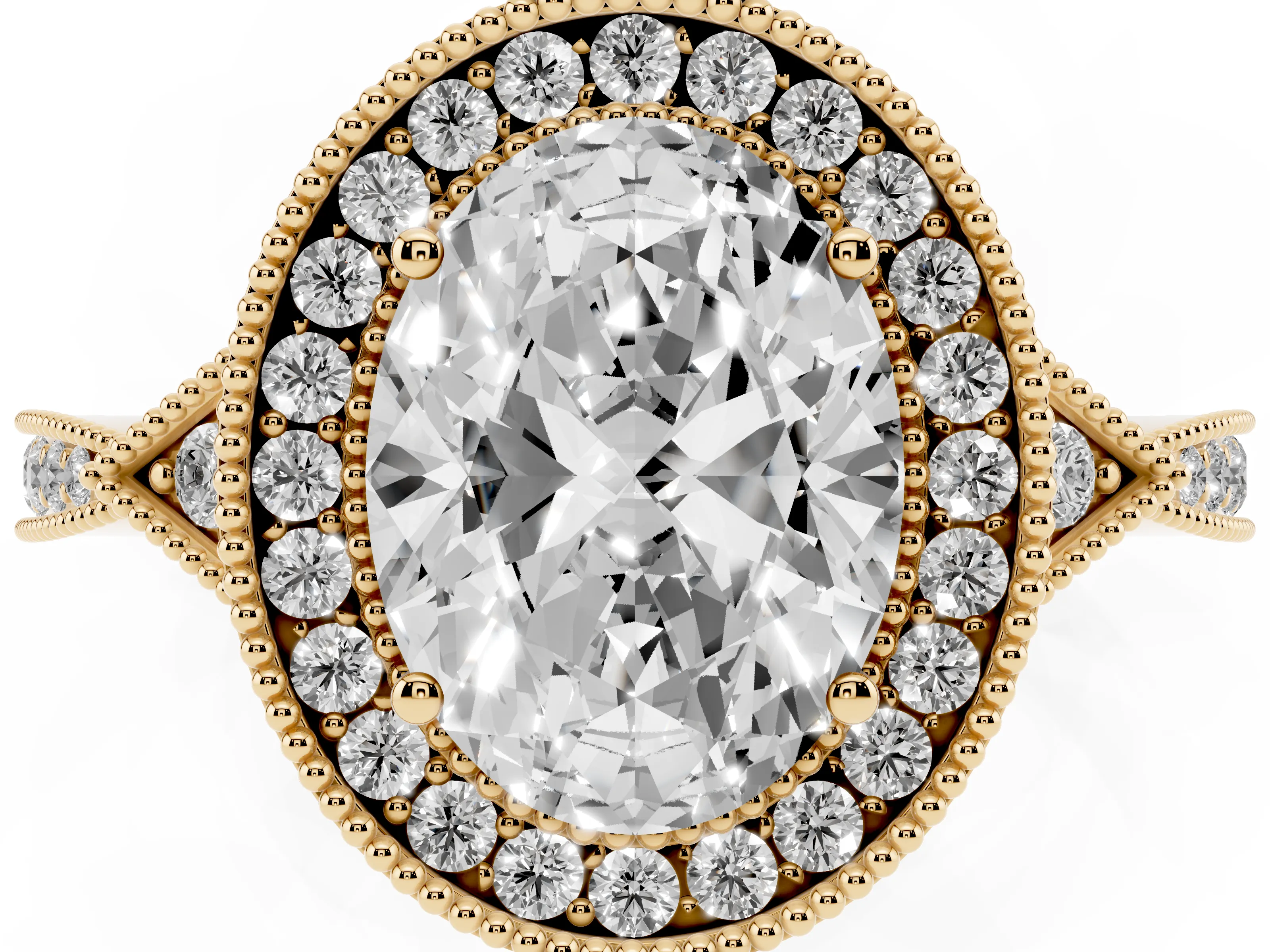 Oval Cut Diamond Halo Engagement Ring Set in Yellow gold with Milgrain Pavé Band