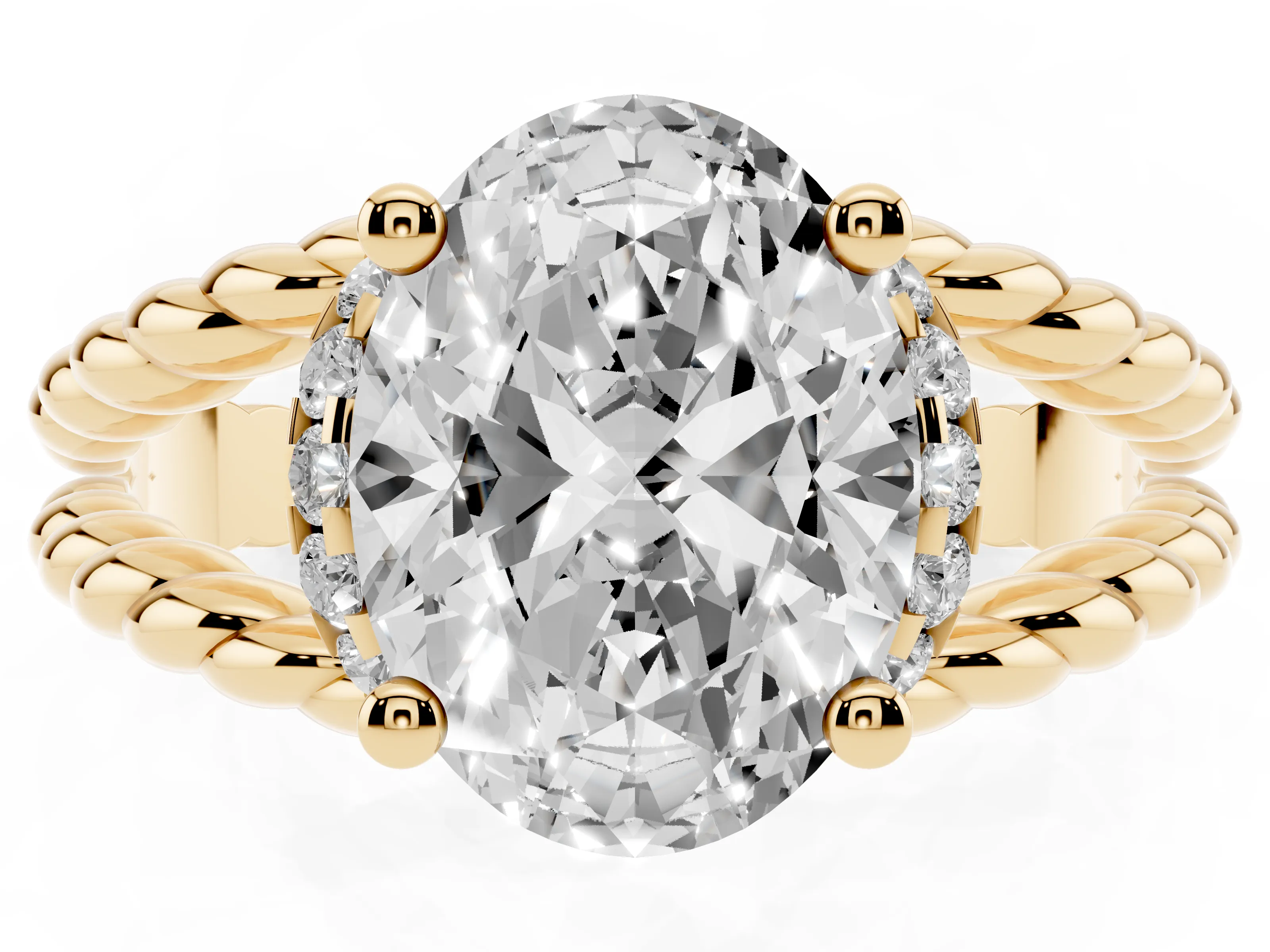 Oval Cut Diamond Halo Ring Set in Yellow gold with Twisted Band and Prong Setting