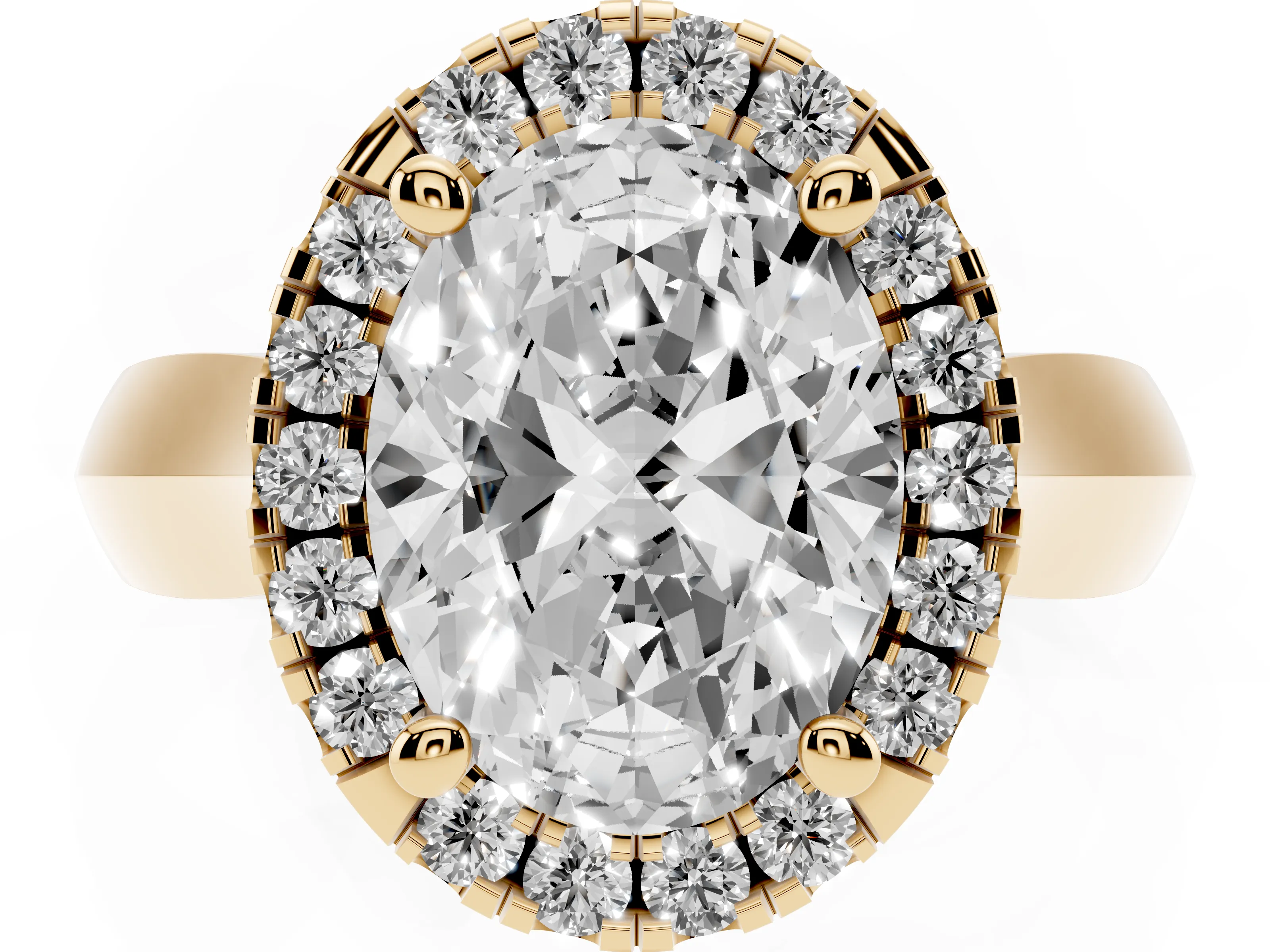 Oval Cut Diamond Halo Solitaire Engagement Ring Set in Yellow gold with Square Band and Prong Setting