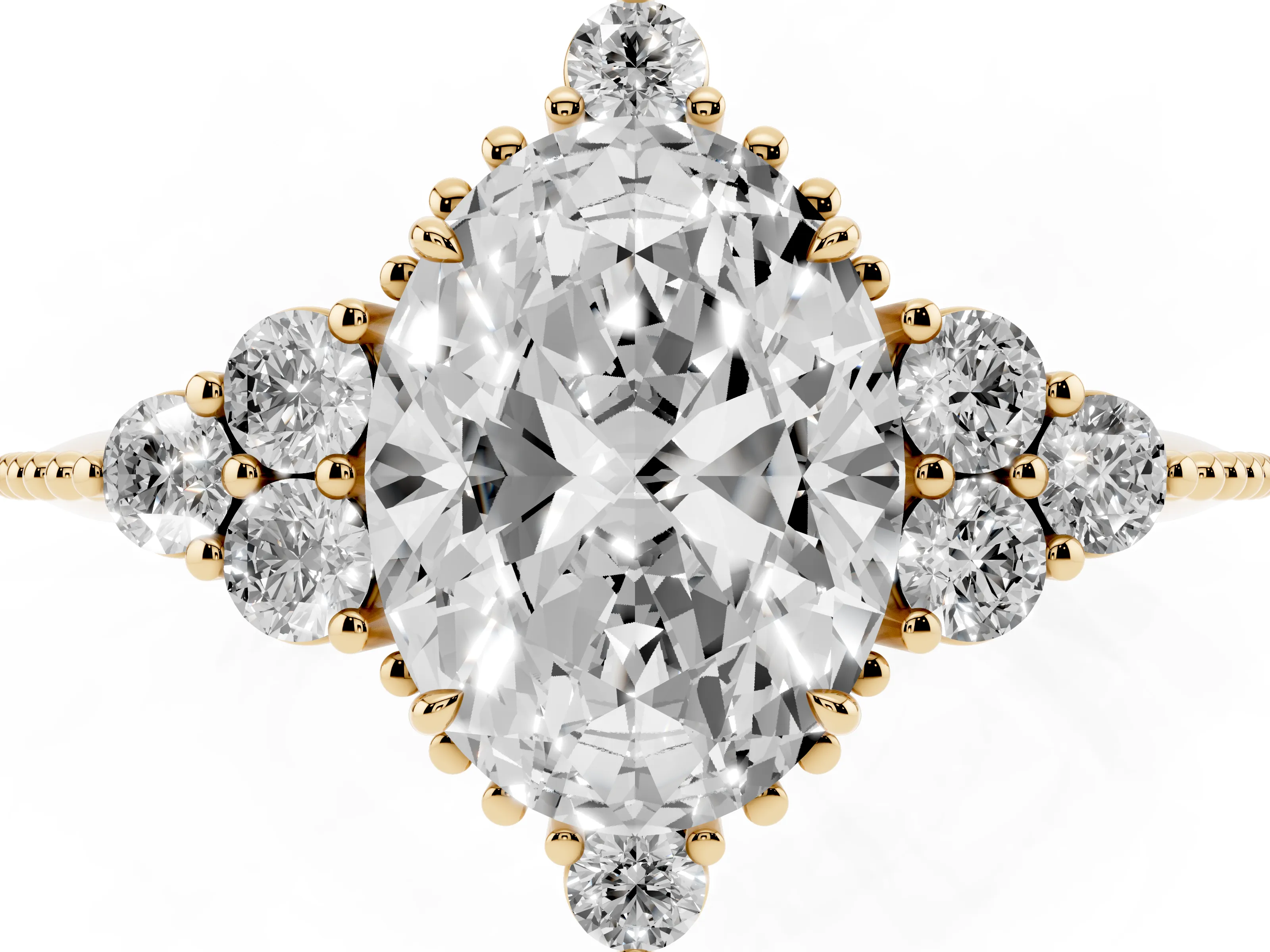 Oval Cut Diamond Cluster Ring Set in Yellow gold with Beaded Band