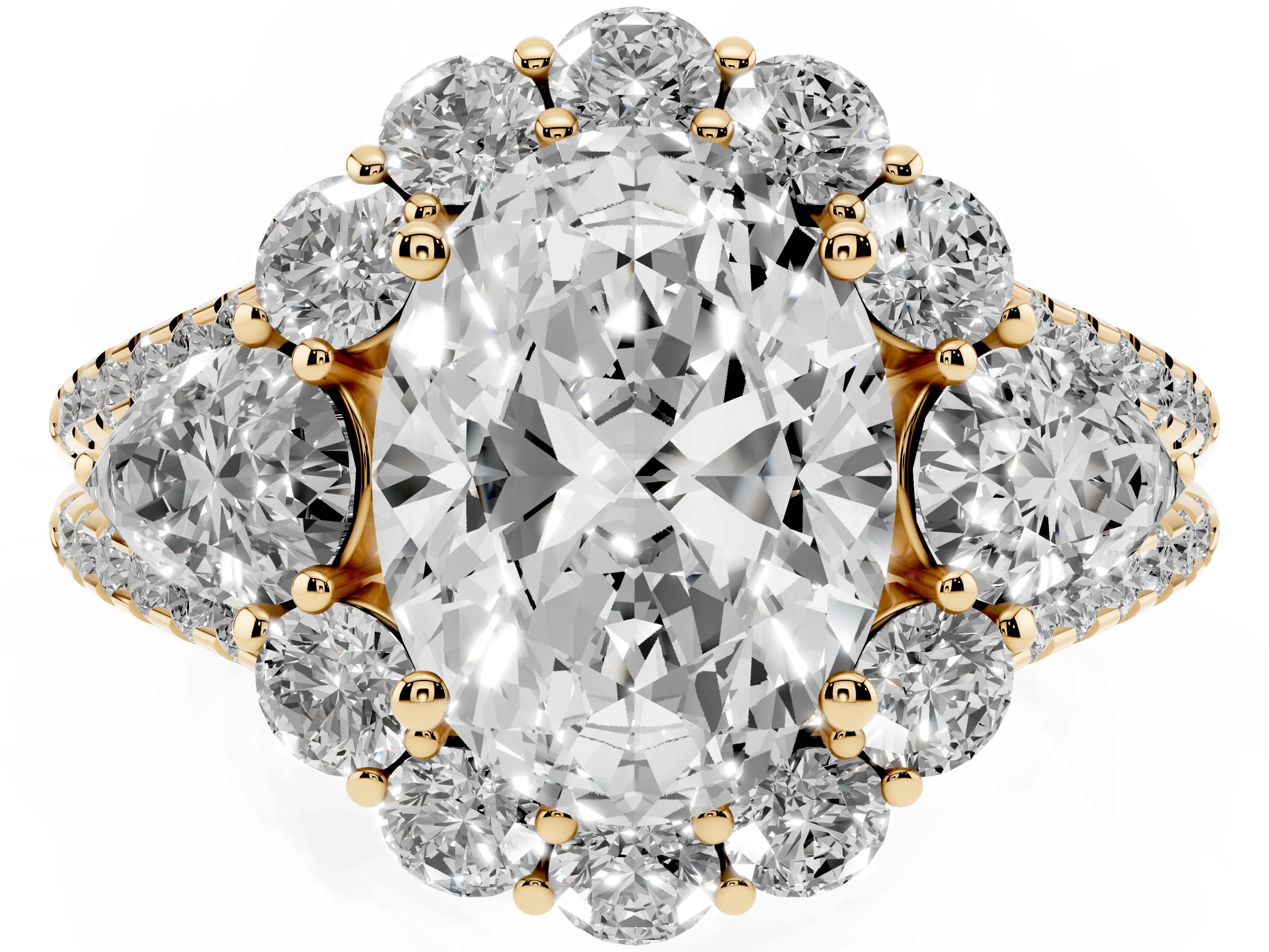 Oval Cut Diamond Halo Split Shank Engagement Ring Set in Yellow gold with Prong-Held Center Stone