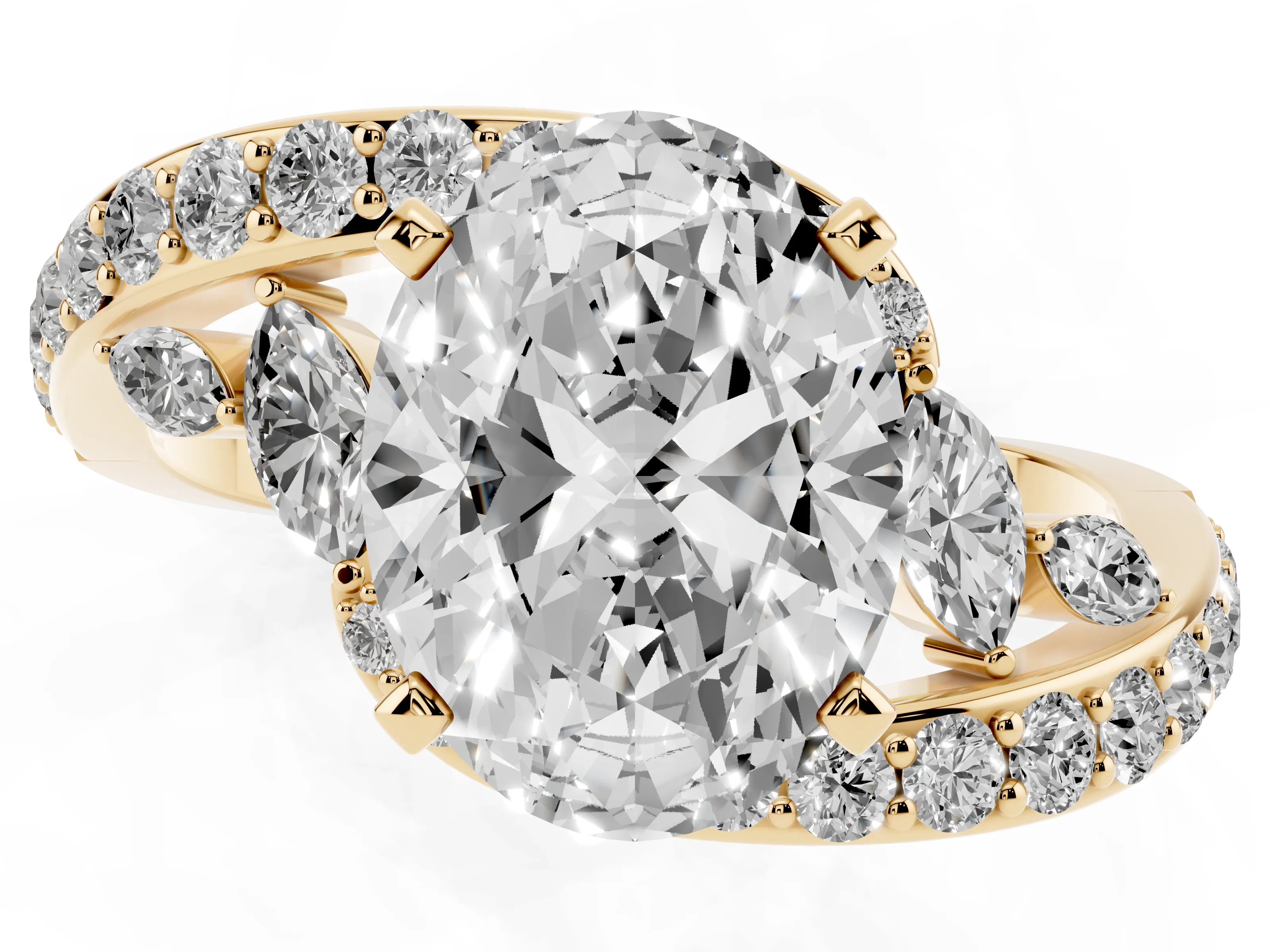 Oval Cut Diamond Solitaire Ring Set in Yellow gold with Pavé Twist Band and Secure Prong Setting