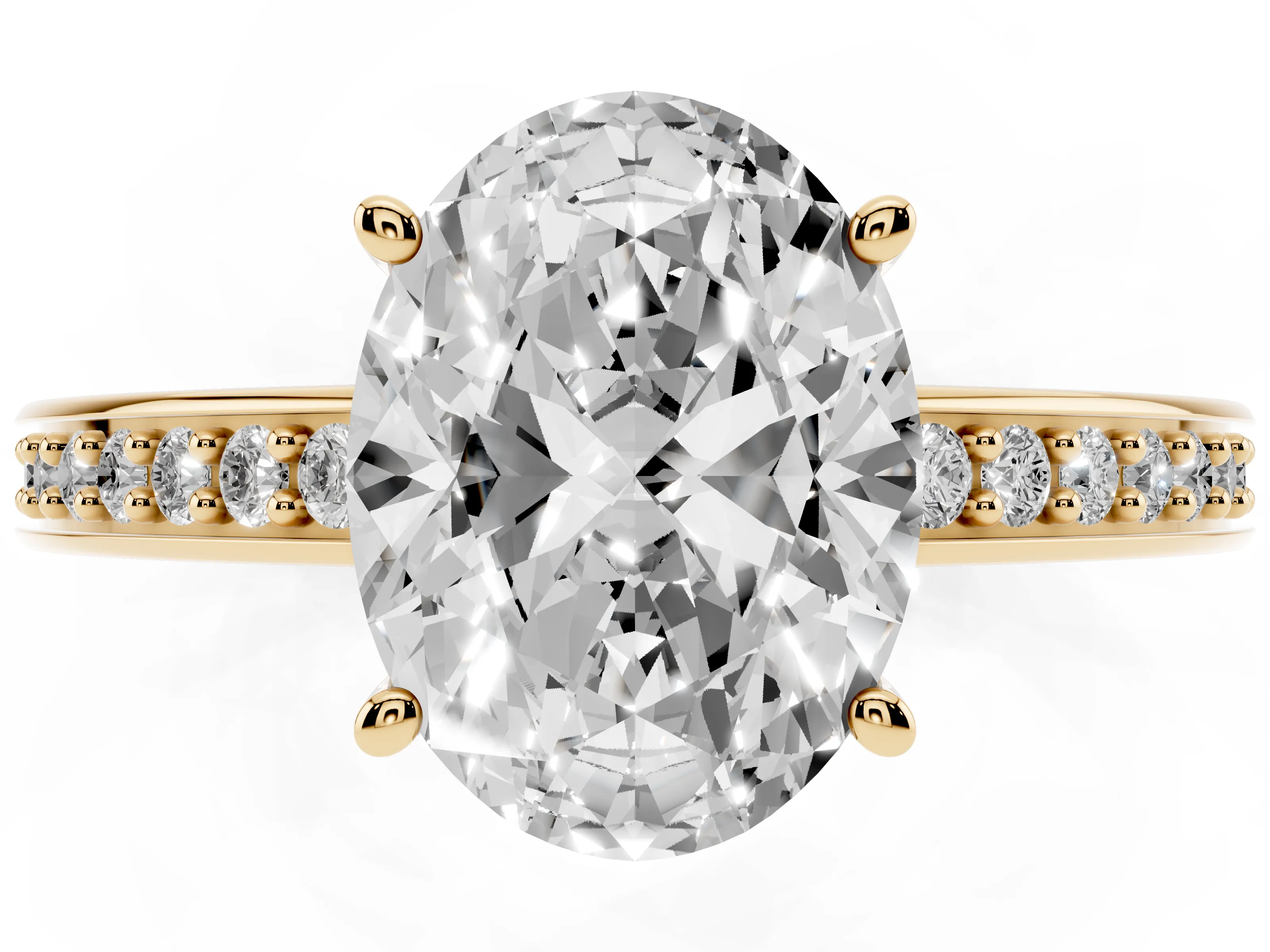 Oval Cut Diamond Pavé Band Prong Set Solitaire Ring Set in Yellow gold