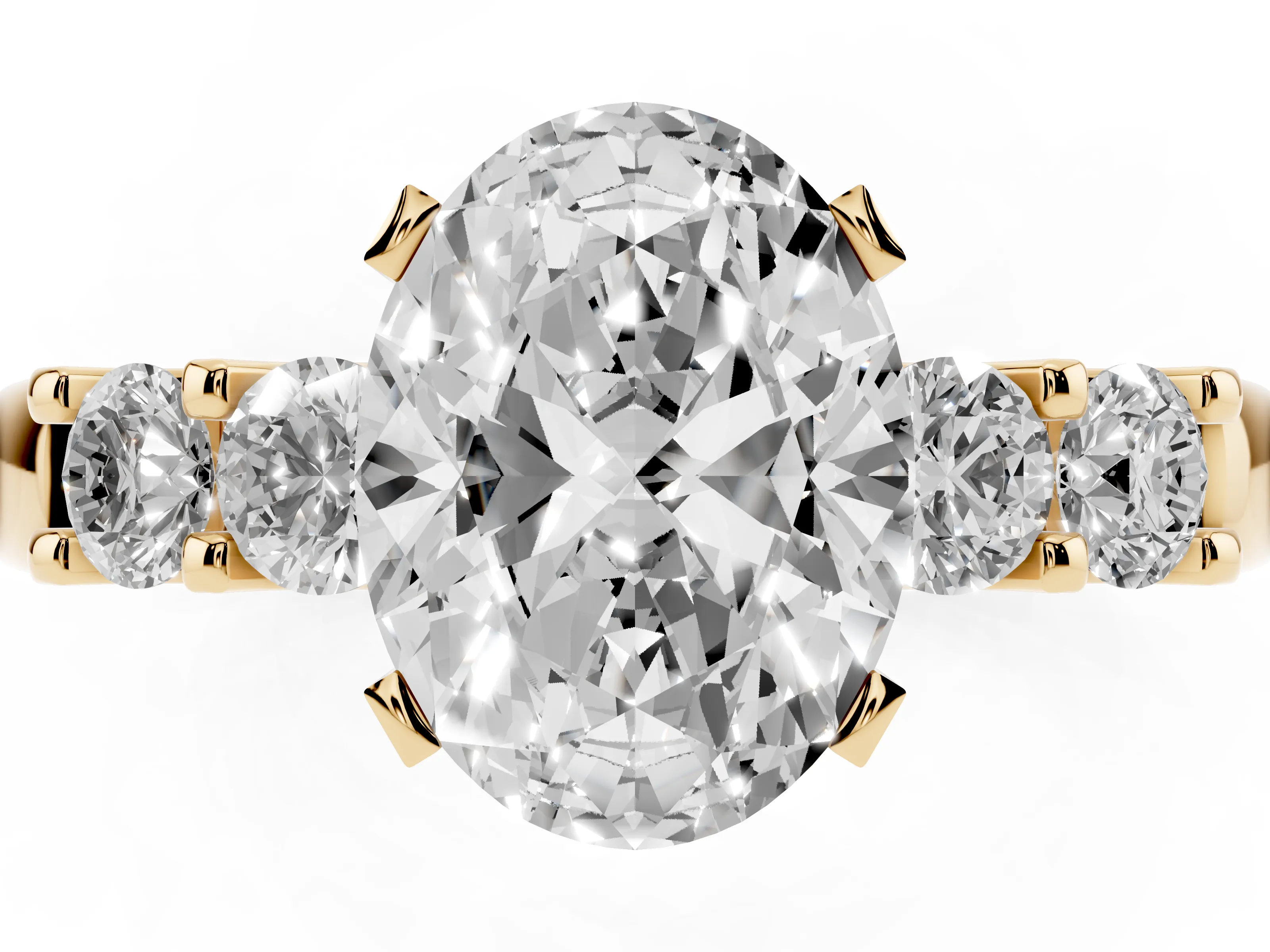 Oval Cut Diamond Five-Stone Prong Set Engagement Ring Set in Yellow gold with Channel Band