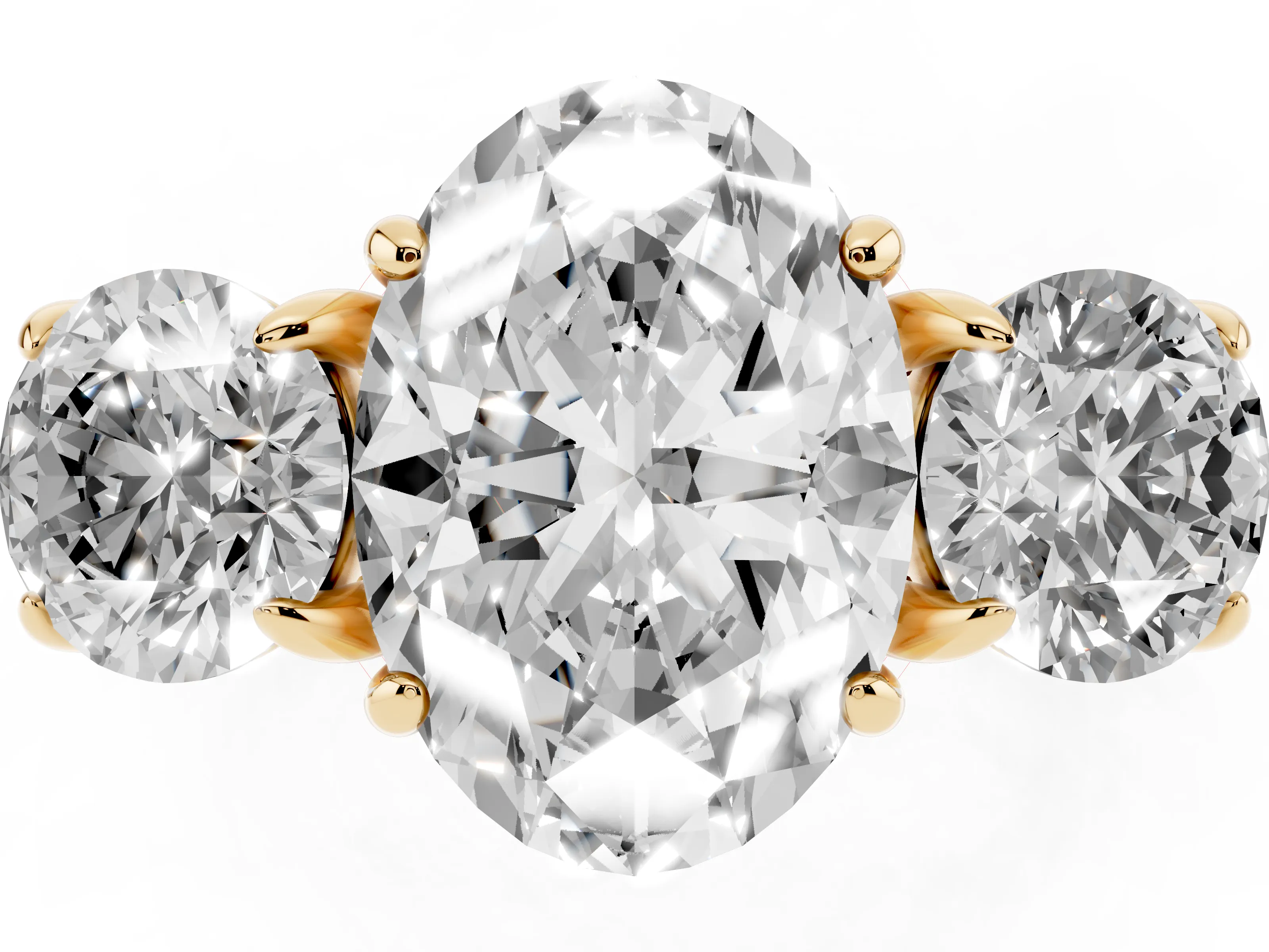 Oval Cut Diamond Three-Stone Ring Set in Yellow gold with Round Accent Stones and Plain Band