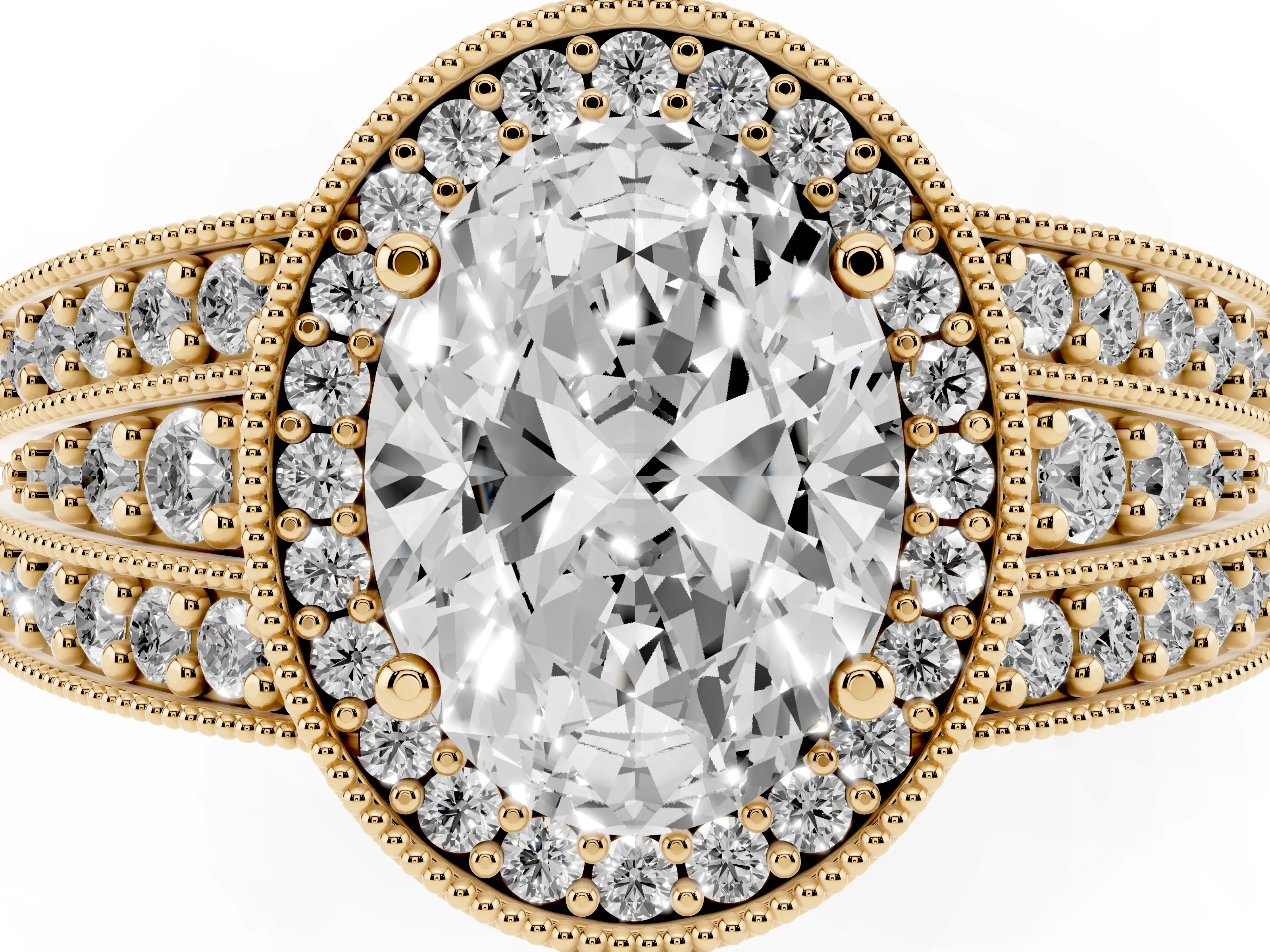 Oval Cut Diamond Halo Ring Set in Yellow gold with Accent Split Shank and Prong Setting