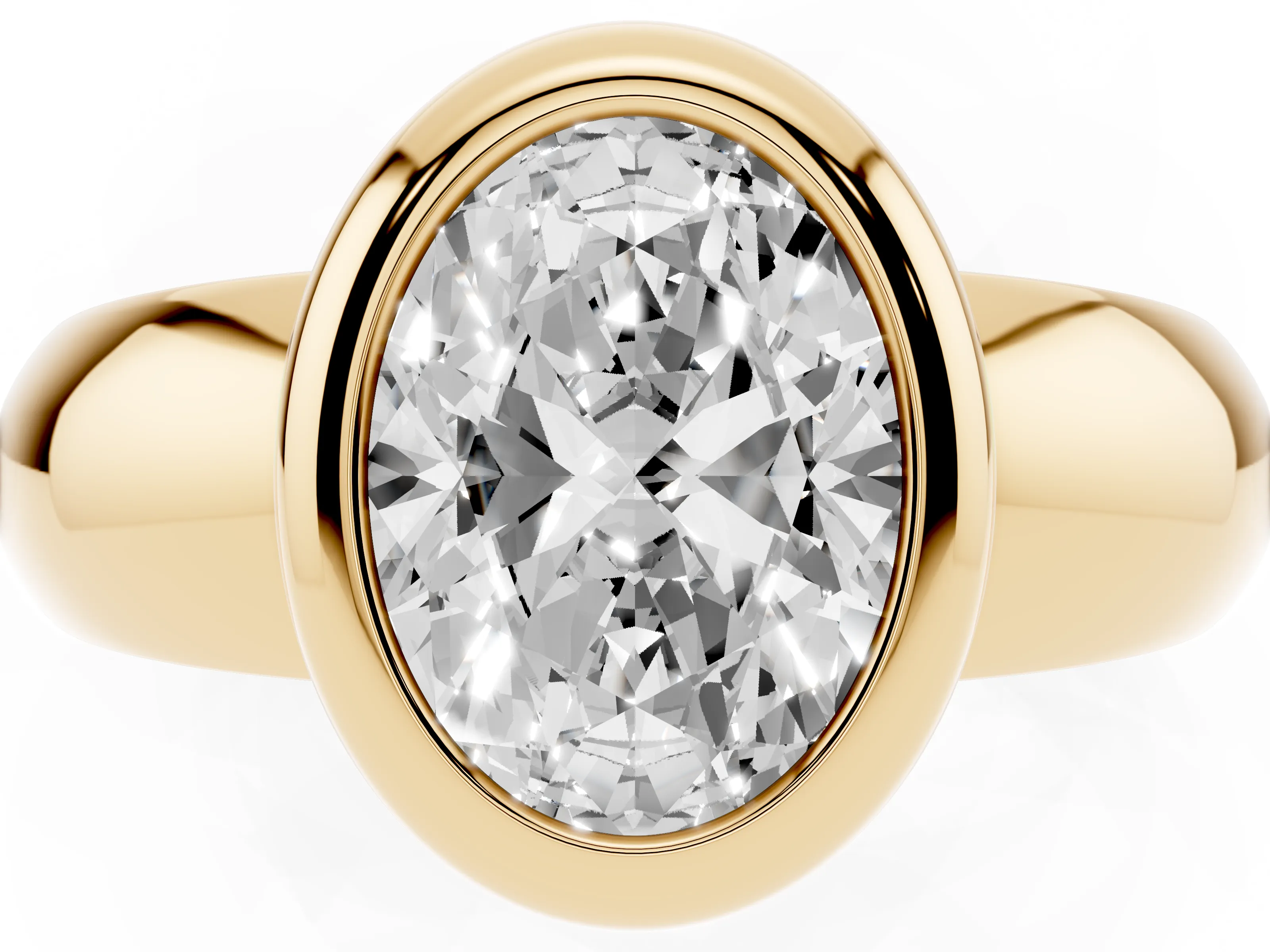 Bezel Set Oval Cut Diamond Solitaire Ring Set in Yellow gold with Wide Band