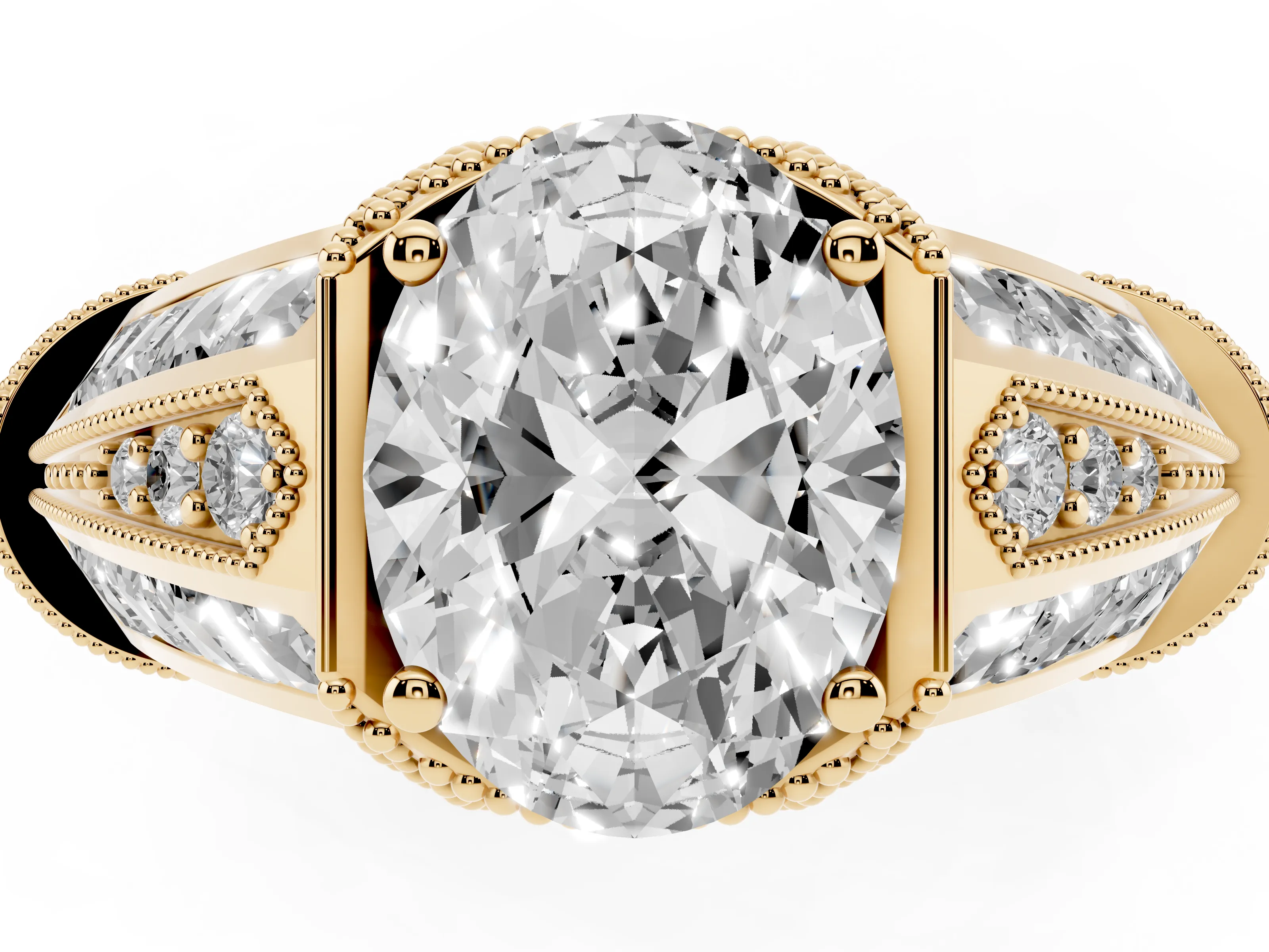 Oval Cut Diamond Vintage-Inspired Milgrain Ring Set in Yellow gold with Accent Split Shank