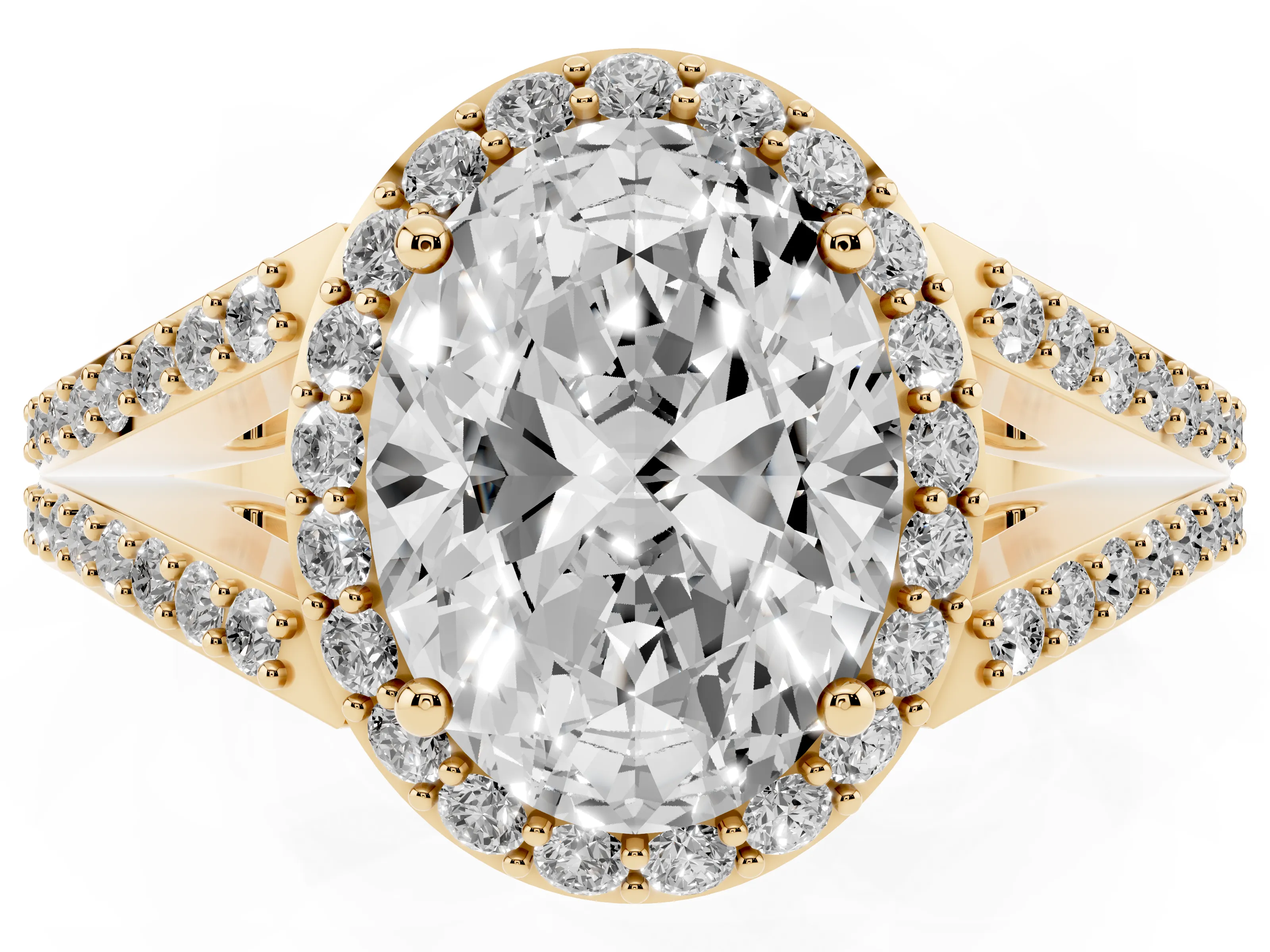 Oval Cut Diamond Halo Split Shank Ring Set in Yellow gold with Accent Stones and Prong Setting
