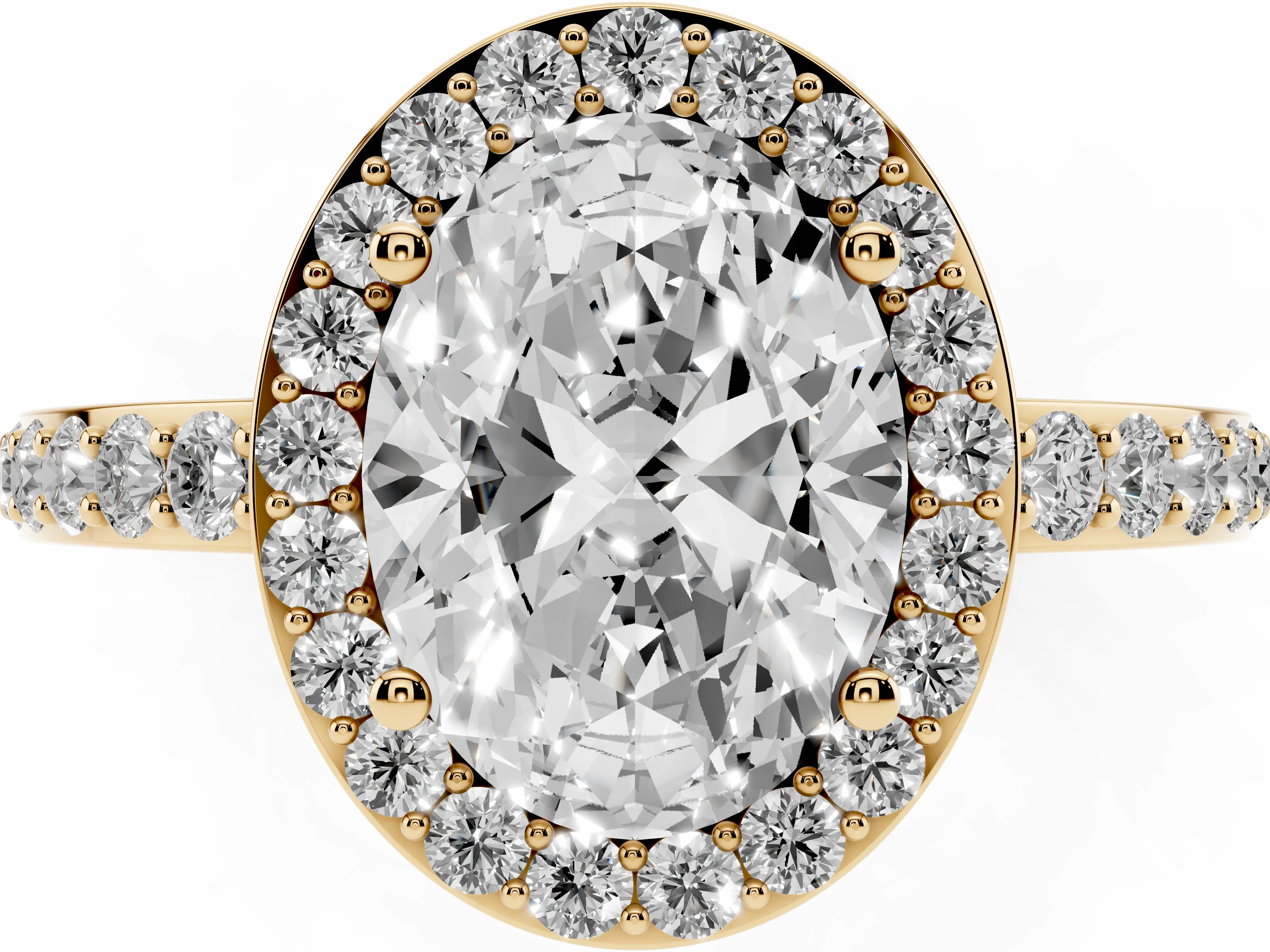 Oval Cut Diamond Halo Ring Set in Yellow gold with Pavé-Setting Band and Open Prong Center