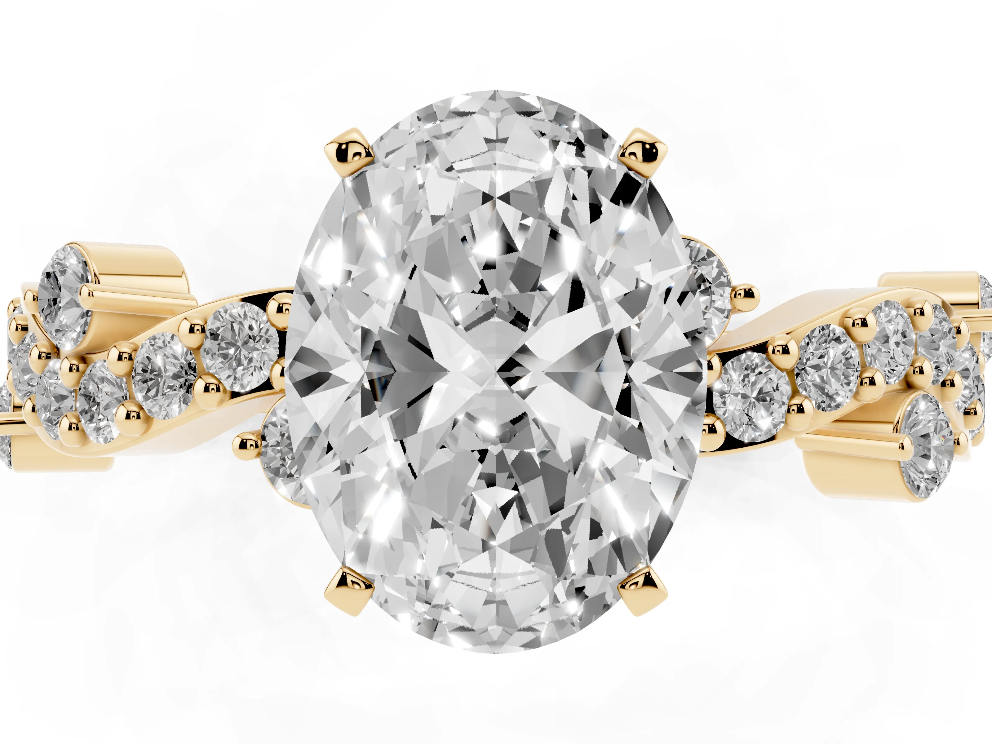Oval Cut Diamond Solitaire Twisted Band Set in Yellow gold with Pavé Setting