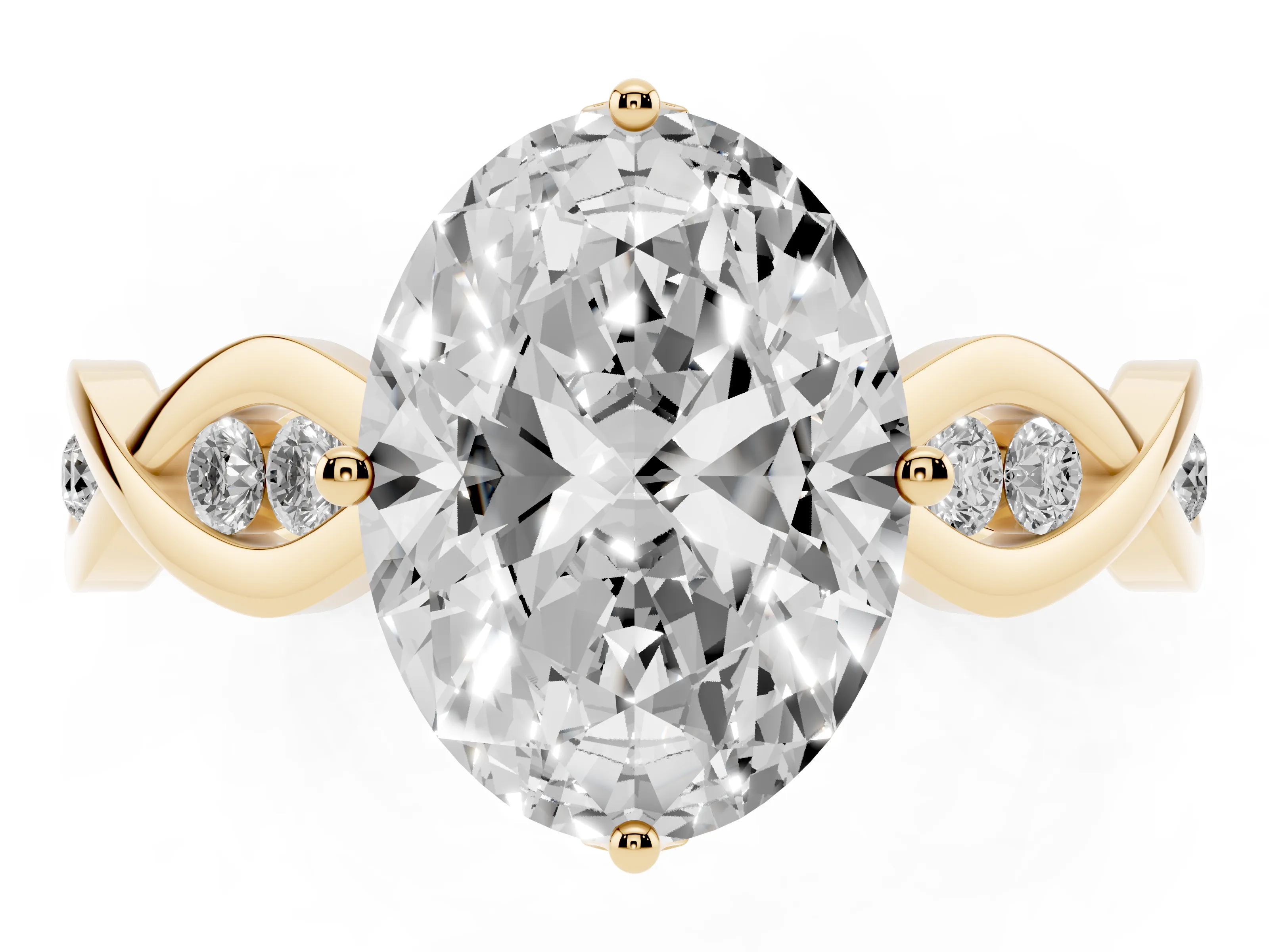 Oval Cut Diamond Twist Band Solitaire Ring Set in Yellow gold with Leaf Prong Setting and Accent Stones