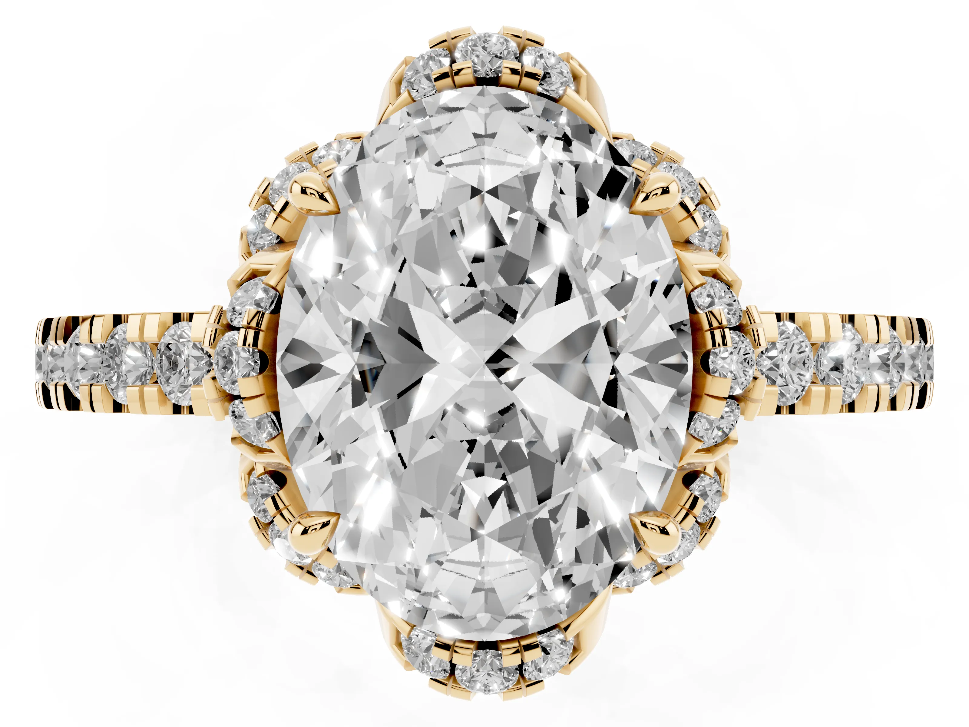 Oval Cut Diamond Halo Pavé Band Ring Set in Yellow gold with Prong-Held Center