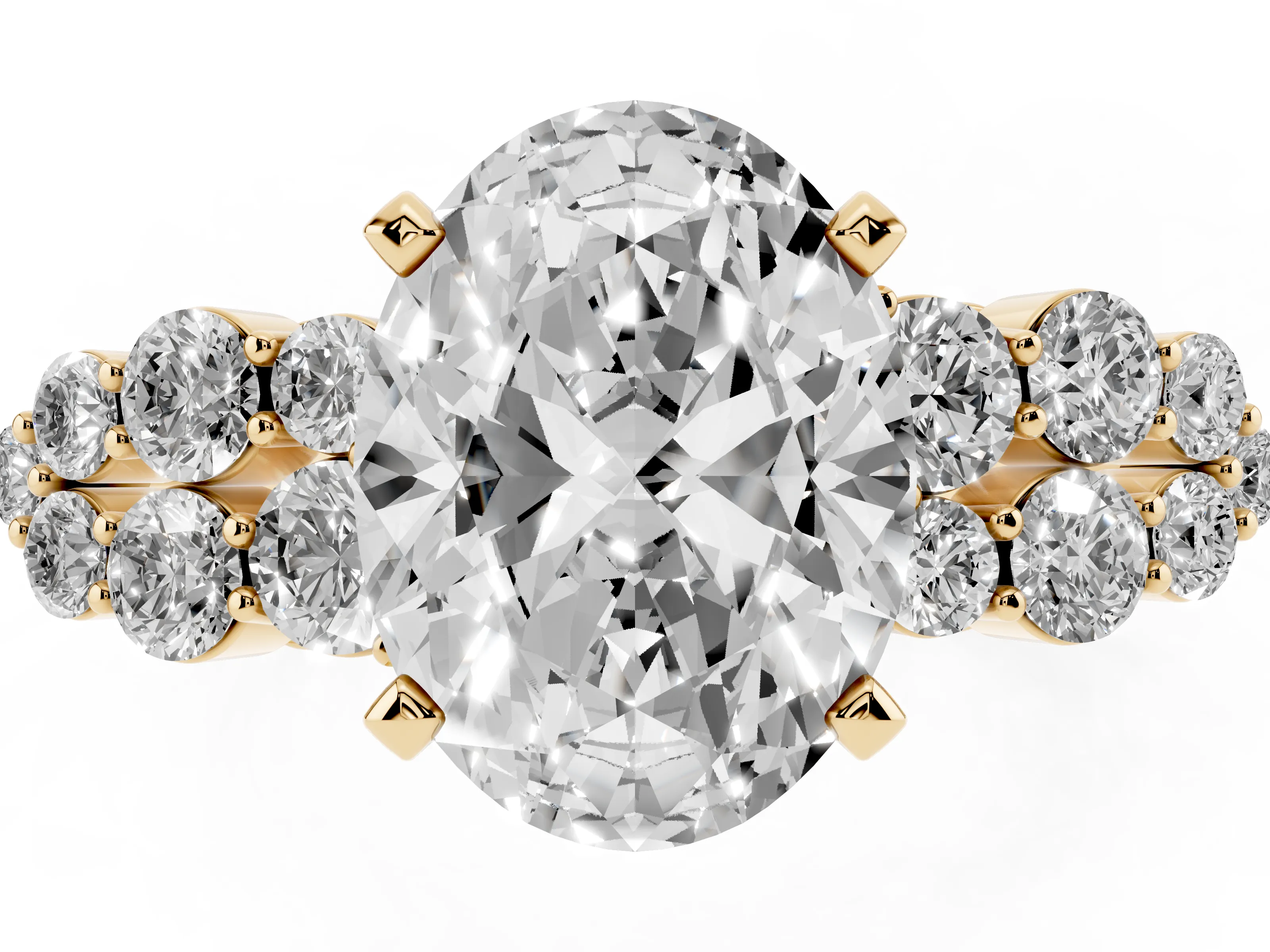 Oval Cut Diamond Cluster Engagement Ring Set in Yellow gold with Pavé Band and Prong Setting