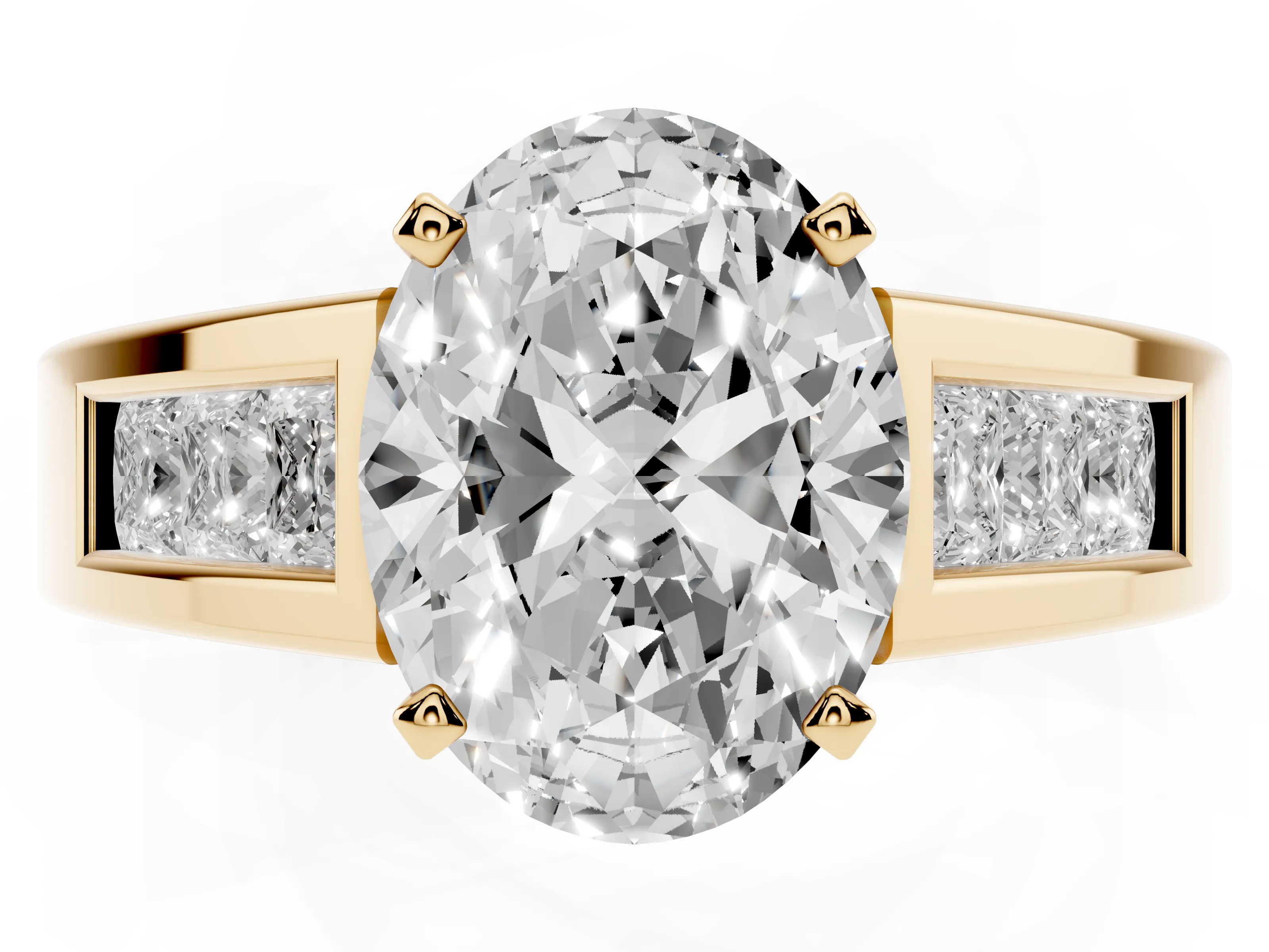 Oval Cut Diamond Solitaire Ring Set in Yellow gold with Channel-Set Accent Stones and Prong Setting