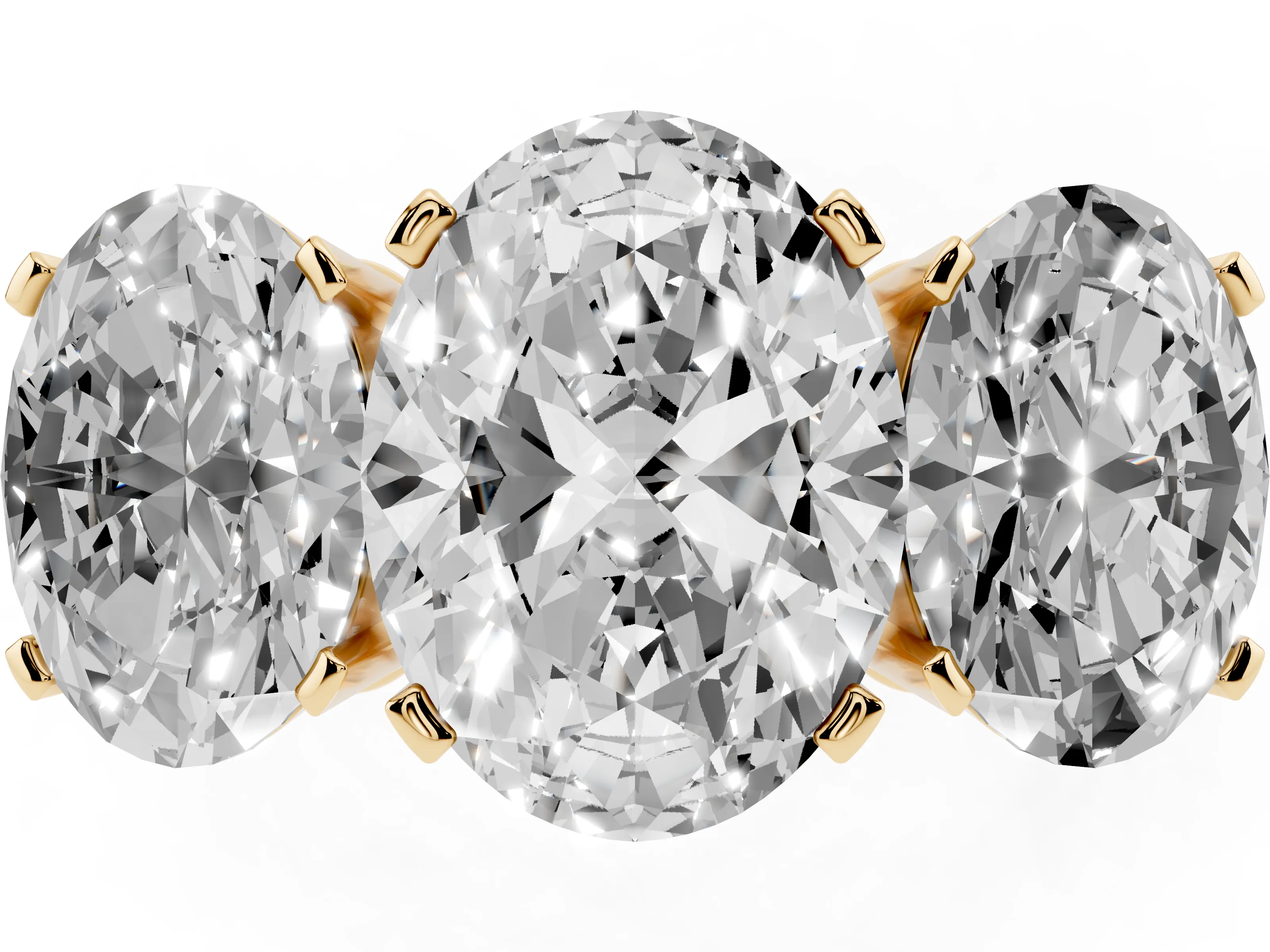Oval Cut Diamond Three-Stone Ring Set in Yellow gold with Channel-Set Band and Prong Settings