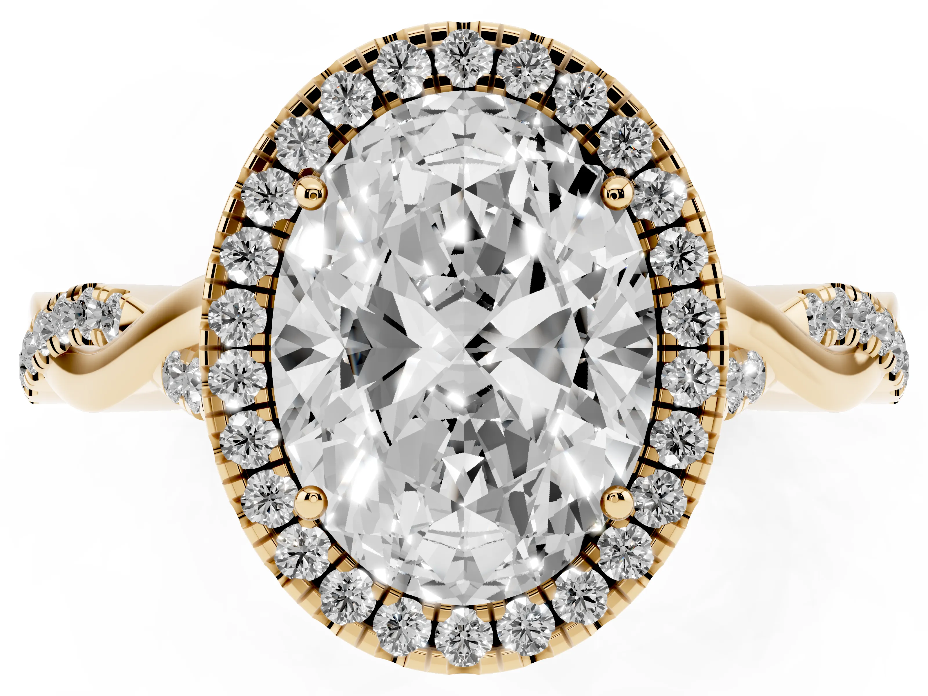 Oval Cut Diamond Halo Twist Band Solitaire Ring Set in Yellow gold with Prong Setting