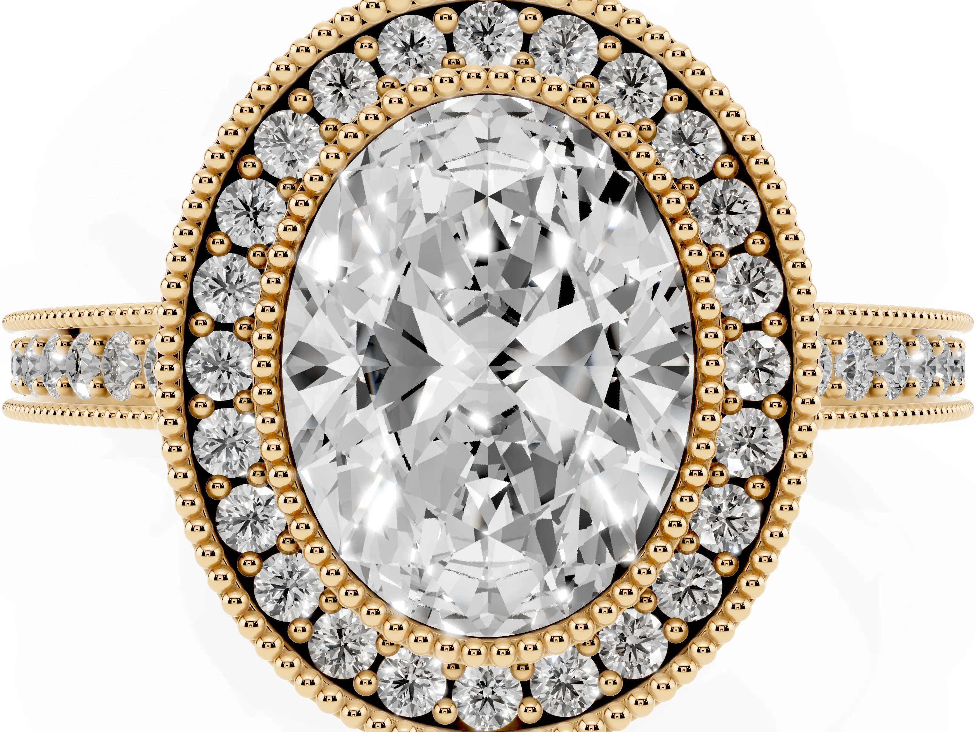 Oval Cut Diamond Round Halo Ring Set in Yellow gold with Pavé Band