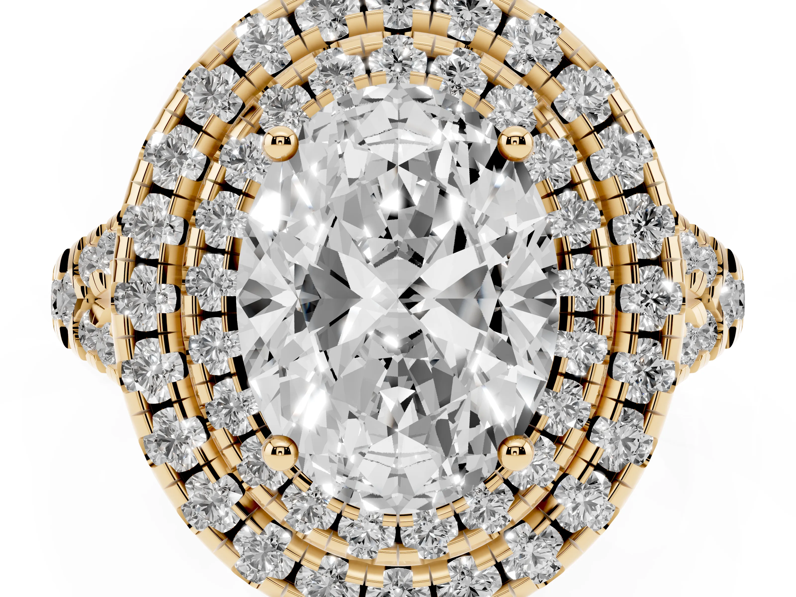 Oval Cut Diamond Double Halo Ring Set in Yellow gold with Pavé Split Shank and Prong Setting