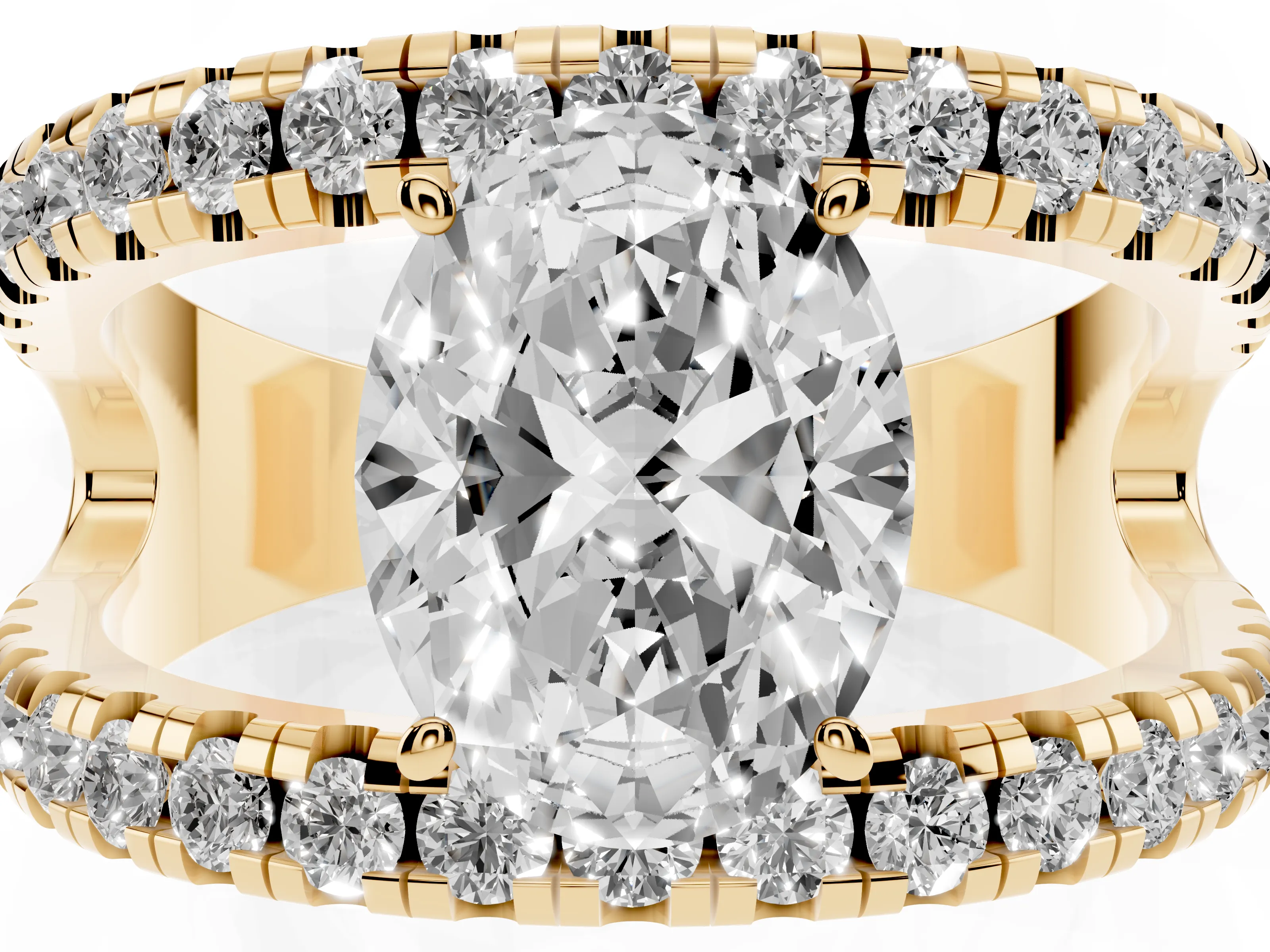 Oval Cut Diamond Split Shank Pavé Solitaire Ring Set in Yellow gold with Open Shank Design