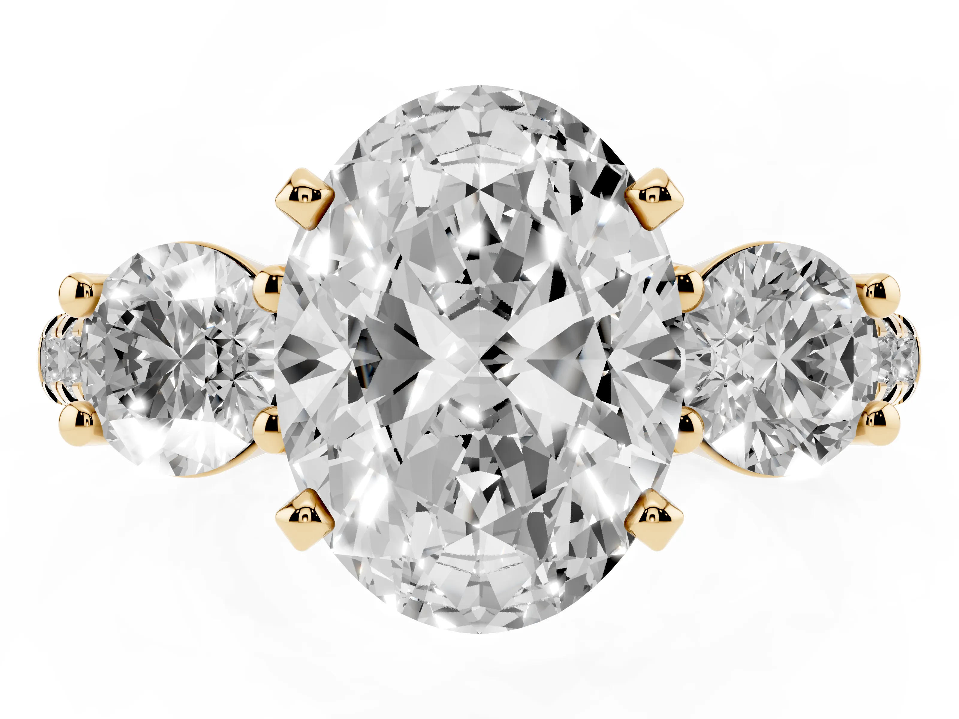 Three-Stone Oval Cut Diamond Pavé Band Ring Set in Yellow gold with Prong-Set Trio