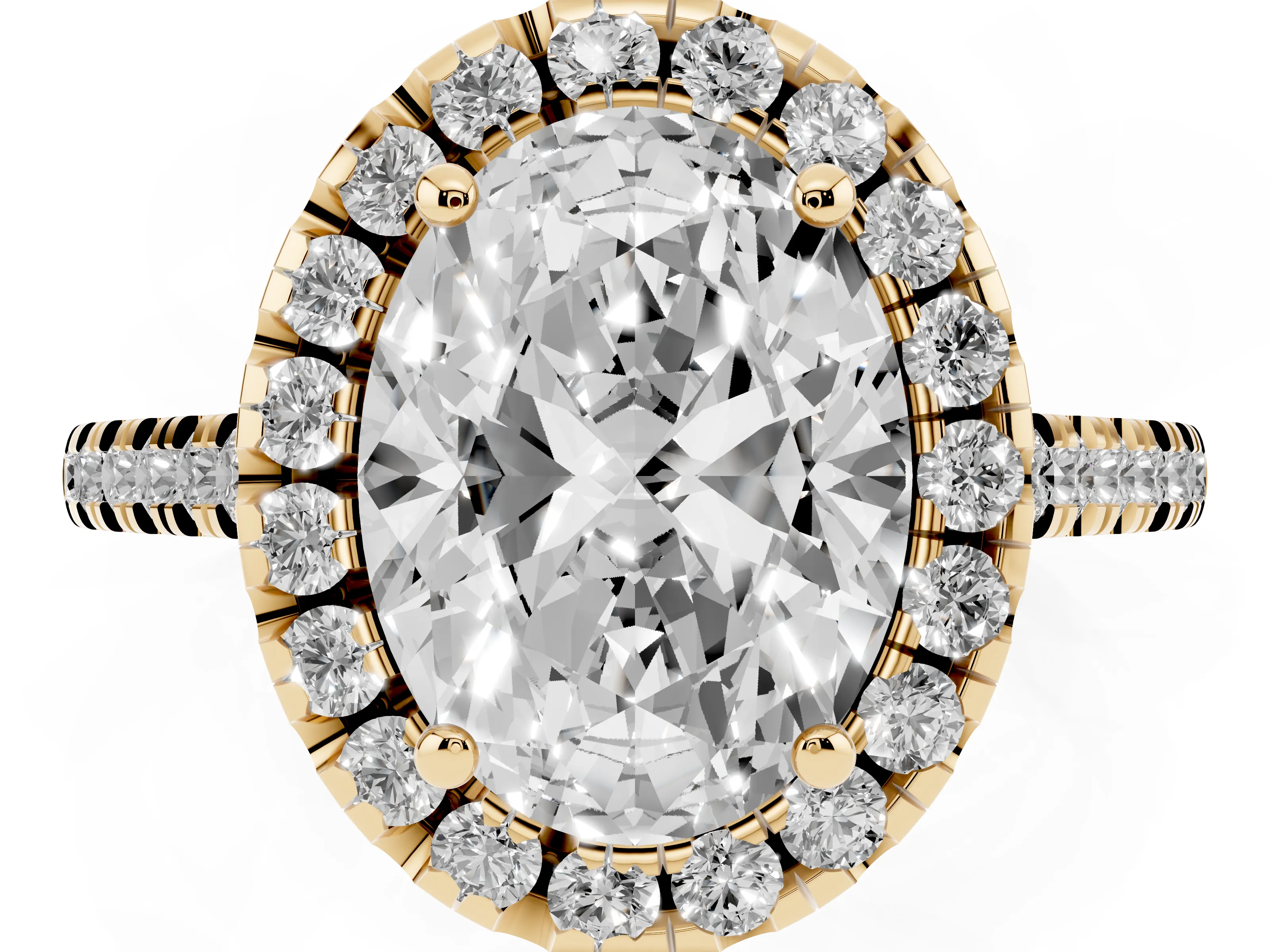 Oval Cut Diamond Cushion Halo Ring Set in Yellow gold with Pavé Band