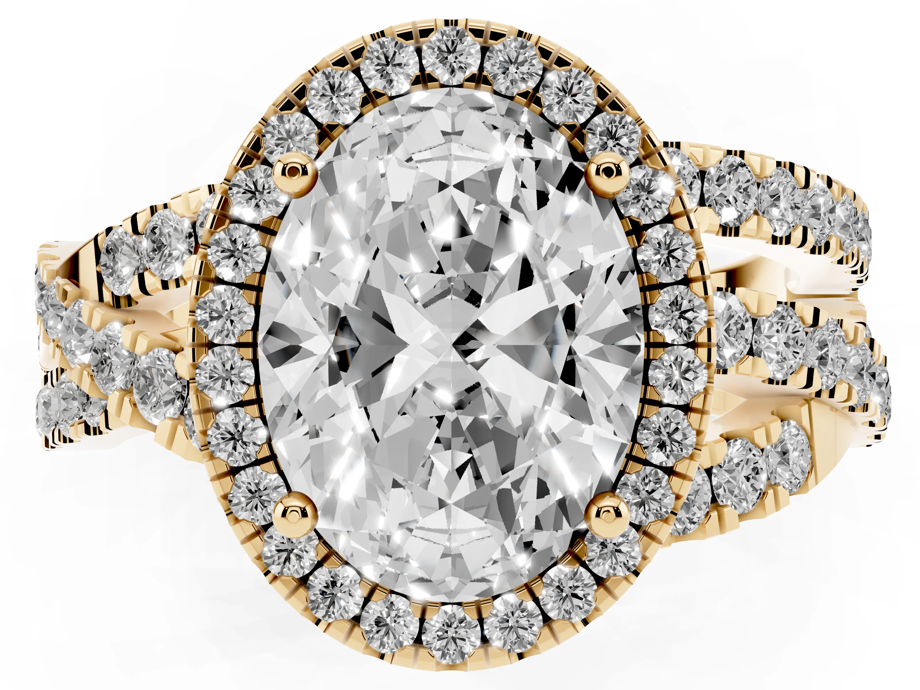 Oval Cut Diamond Halo Ring Set in Yellow gold with Round Crossover Split Shank and Prong Setting