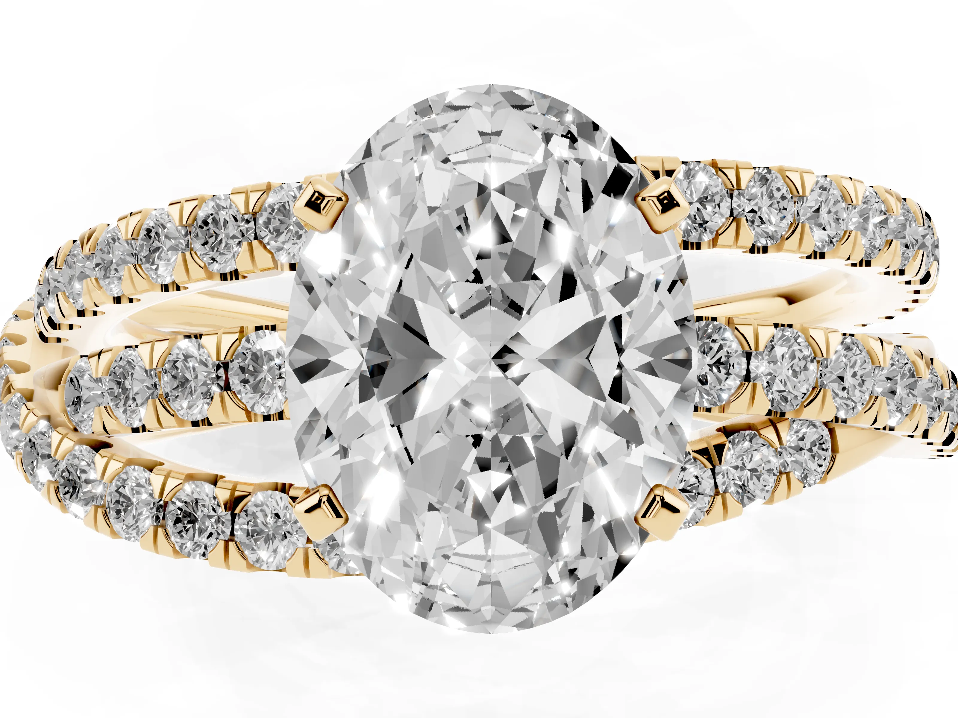 Oval Cut Diamond Solitaire Twist Band Ring Set in Yellow gold with Pavé Setting and Prong Head