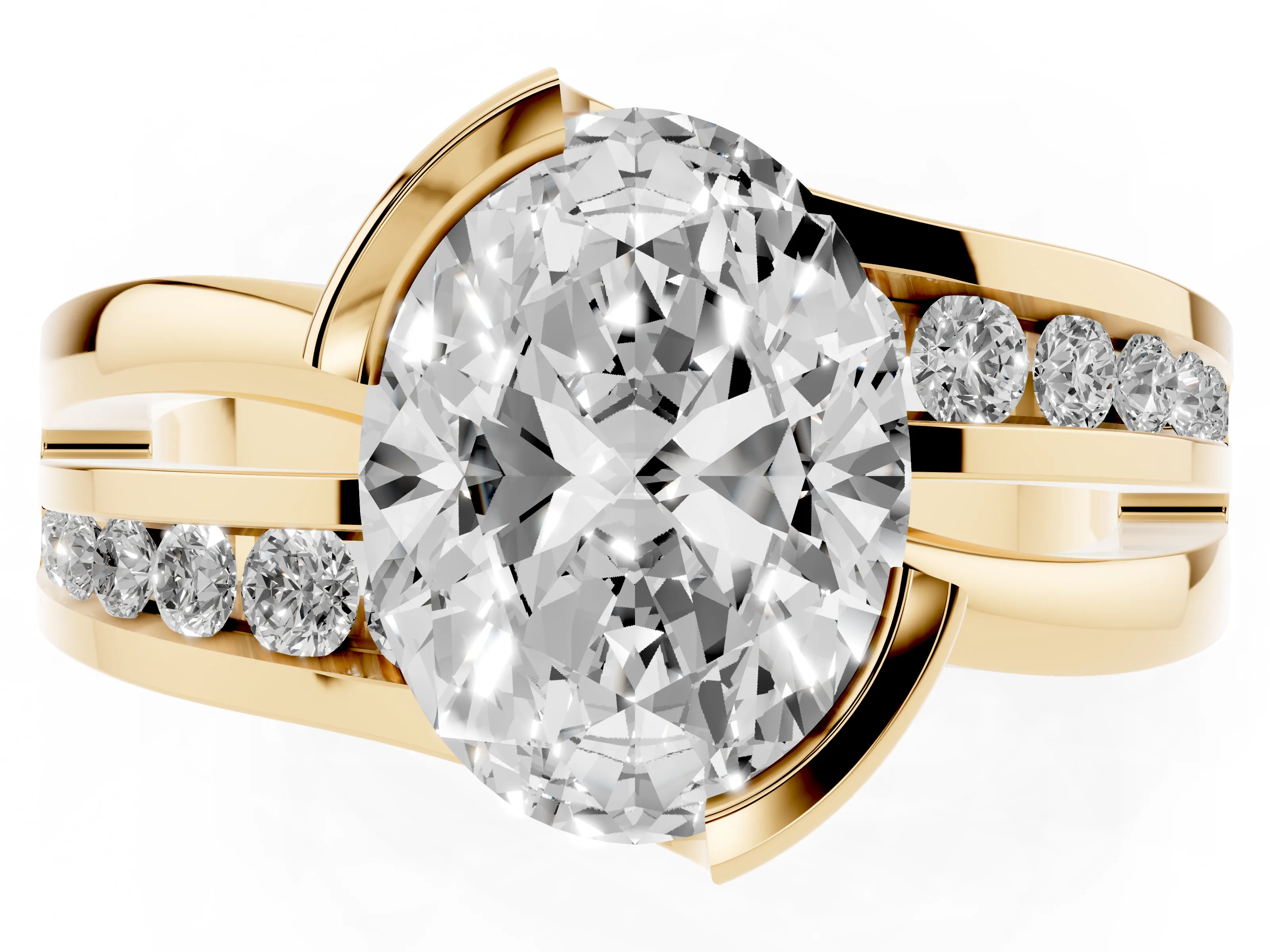 Oval Cut Diamond Solitaire Ring Set in Yellow gold with Channel Set Split Shank and Tension Prongs