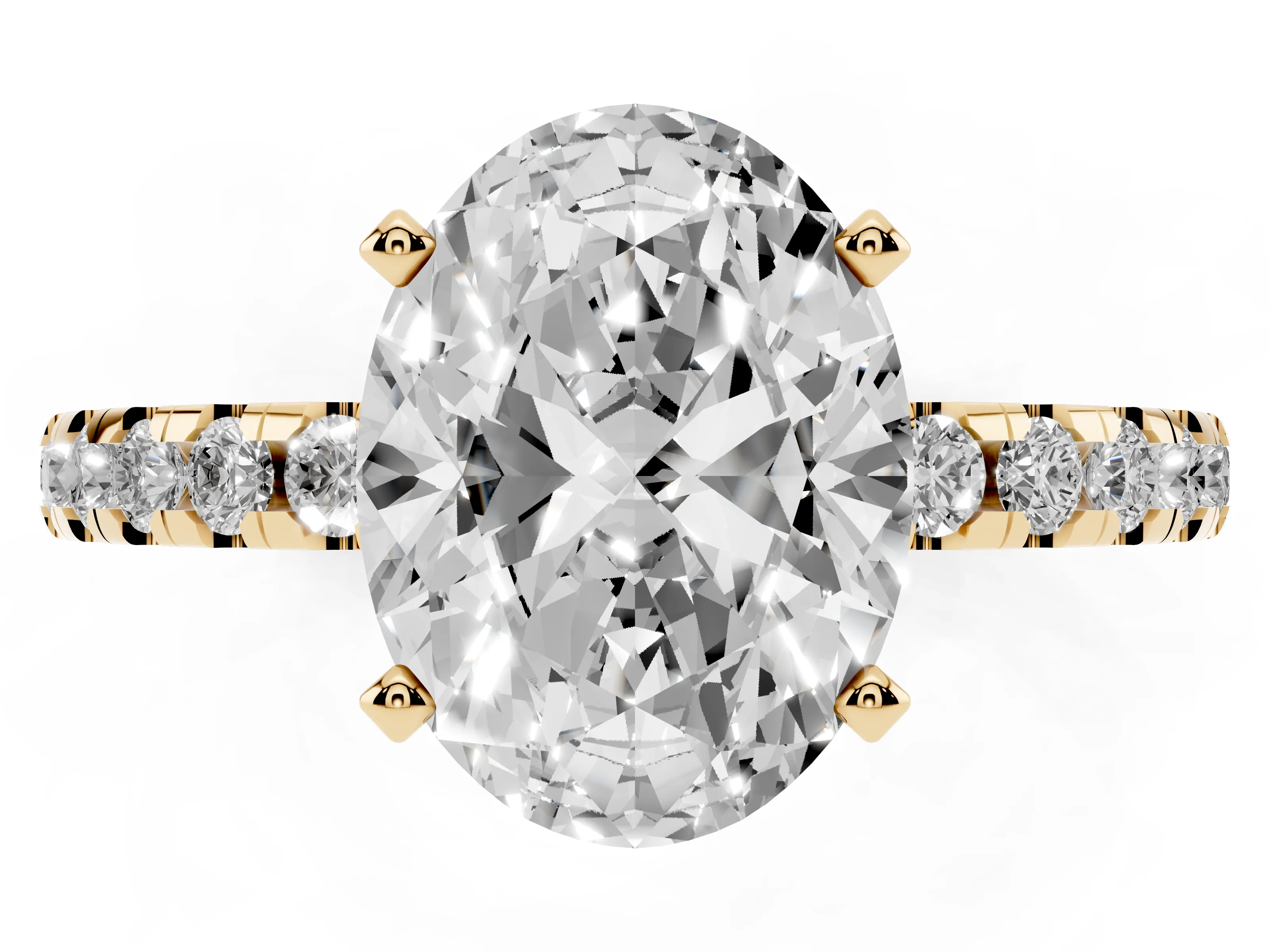 Oval Cut Diamond Pavé Solitaire Ring Set in Yellow gold with Round Band Accents and Prong Setting